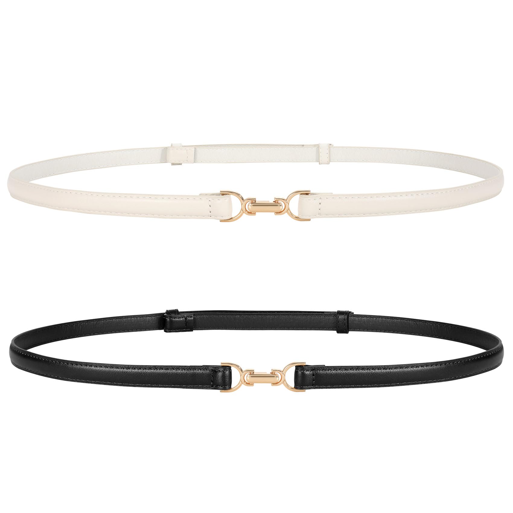 JASGOOD 2 Pack Women Skinny Faux Leather Belts Thin Waist Belts With Adjustable Gold Buckle for Dresses Jeans