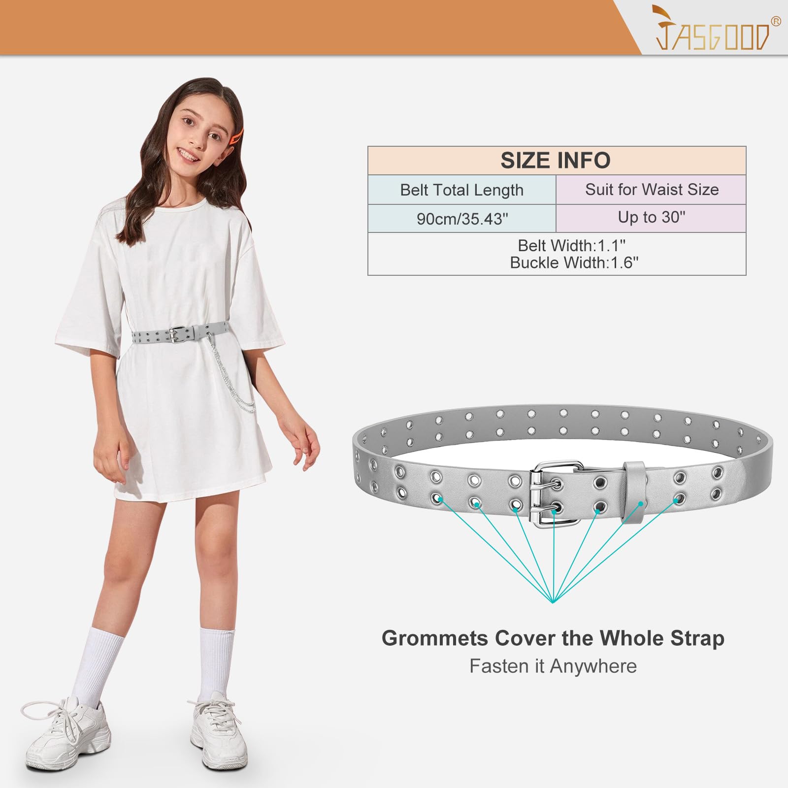 JASGOOD Kids Double Grommet Belt for Girls and Boys, PU Leather Kids Double Studded Holes Belt for Jeans Pants - JASGOOD OFFICIAL