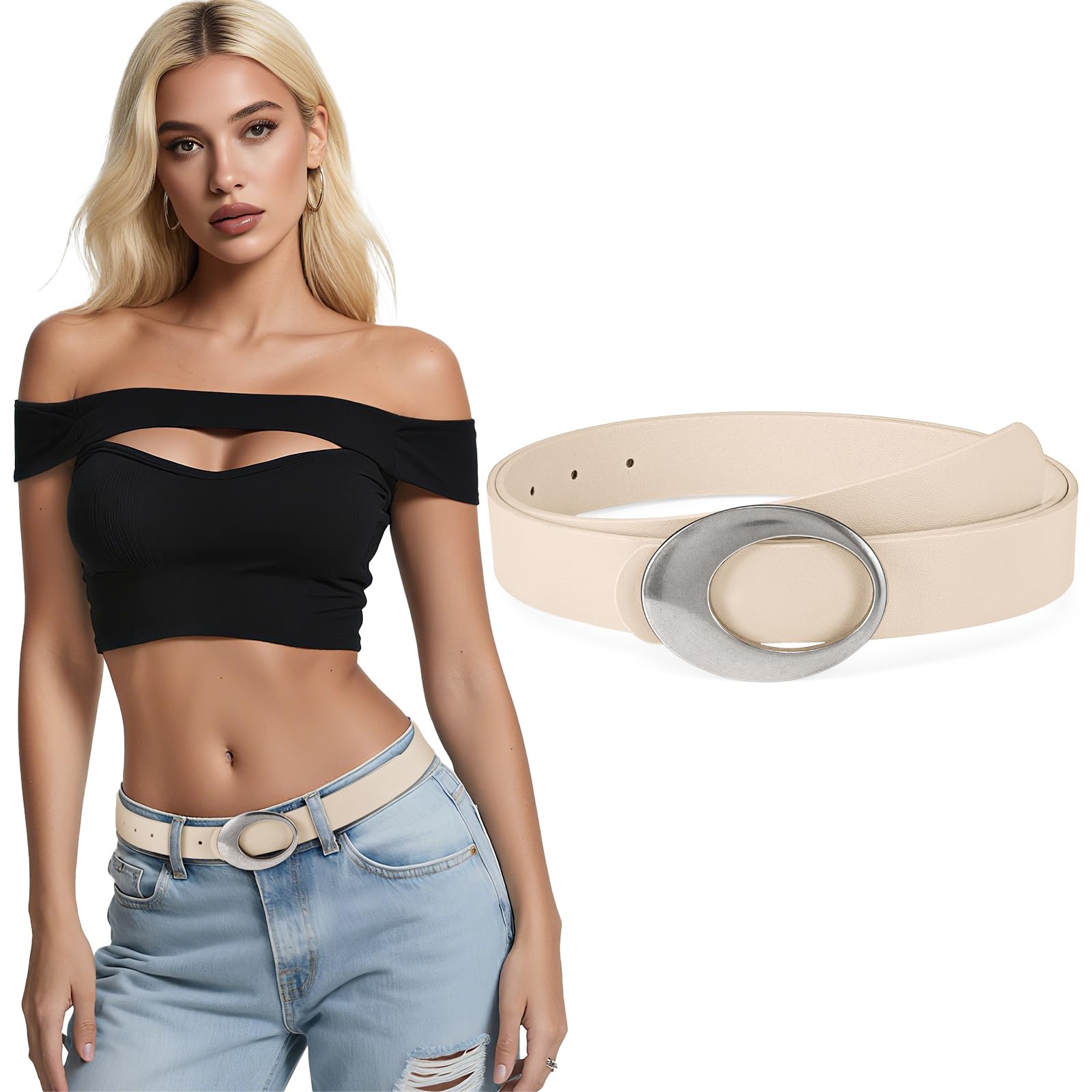 JASGOOD Women Leather Belt with Timeless Oval Silver Buckle Trendy PU Leather Waist Belt for Ladies Jeans Dress Pants