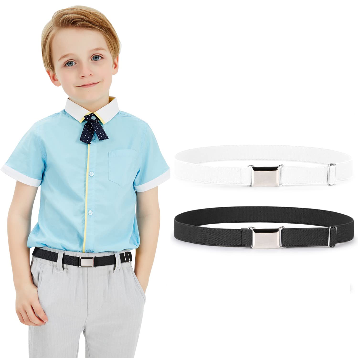 JASGOOD Kids Toddler Belt Elastic Stretch Adjustable Belt for Boys and Girls with Silver Square Buckle 2 Pack