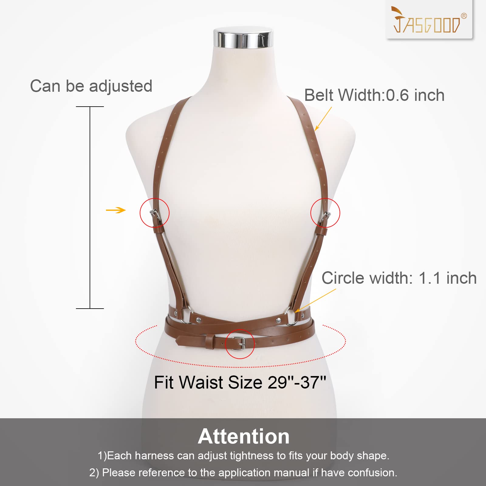 JASGOOD Punk Waist Belt Women PU Leather Skinny Body Adjustable Belts with Gothic Circle for Party