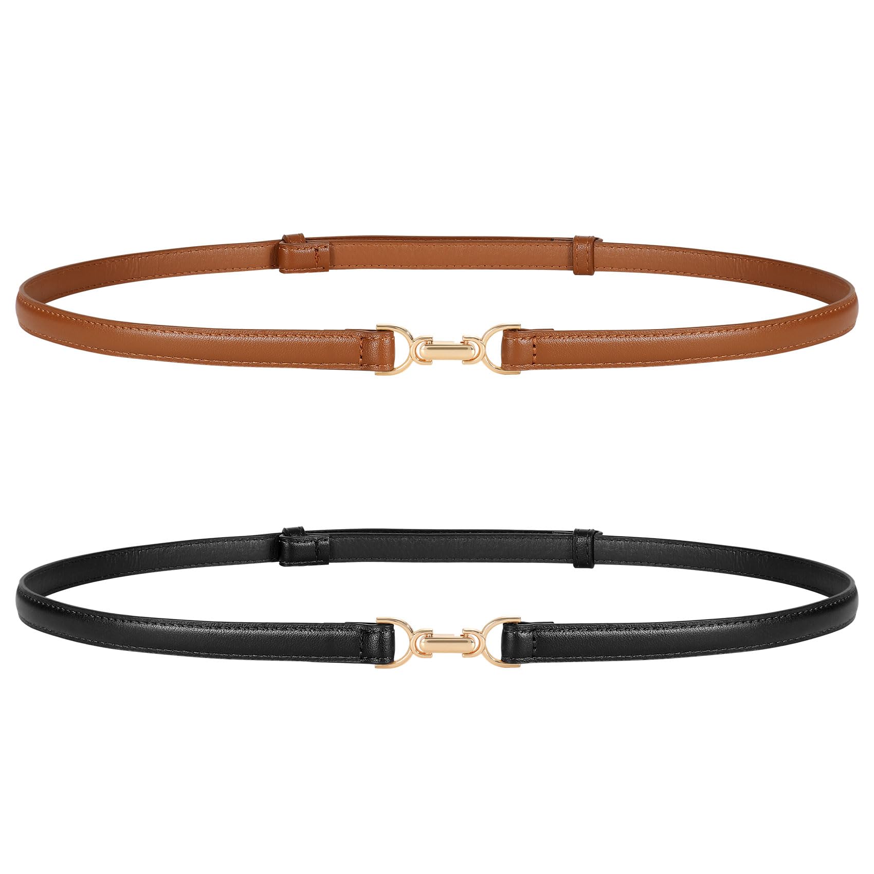 JASGOOD 2 Pack Women Skinny Faux Leather Belts Thin Waist Belts With Adjustable Gold Buckle for Dresses Jeans