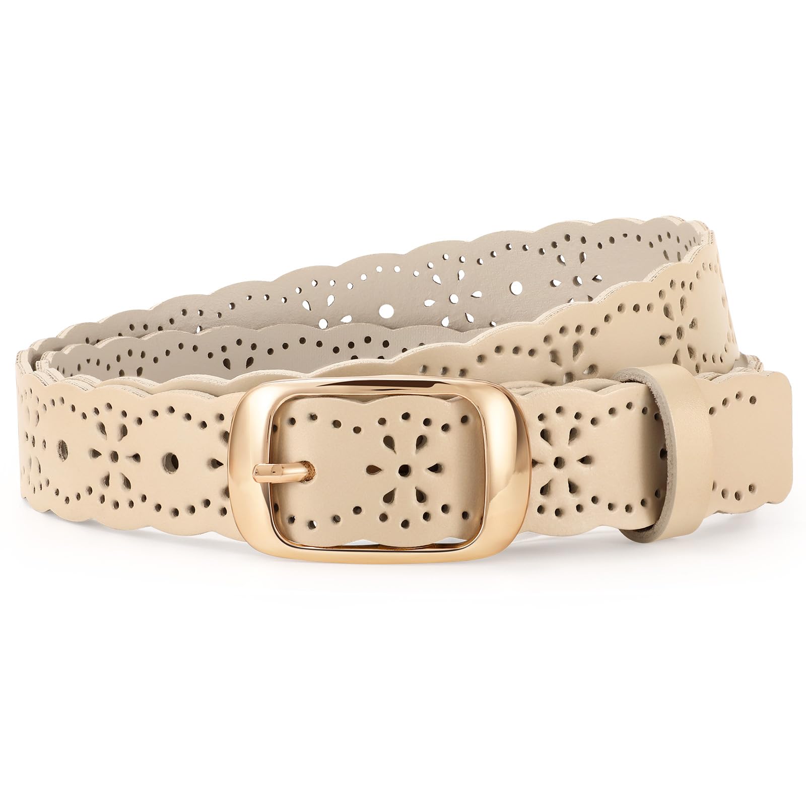 JASGOOD Leather Belt for Women Hollow Flower Leather Belt for Jeans Pants Fashion Waist Belt with Gold Buckle
