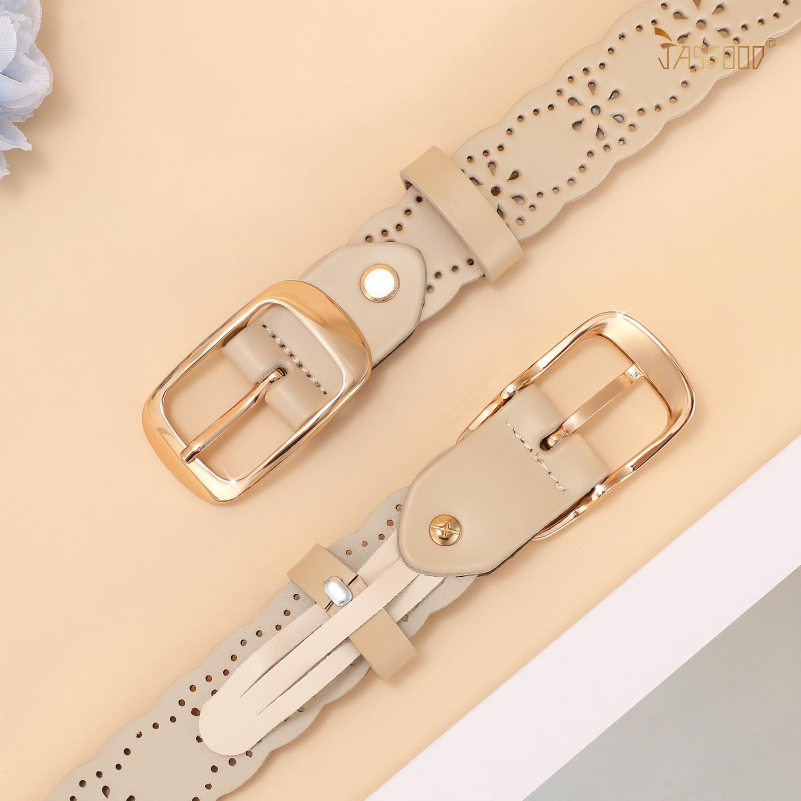 JASGOOD Leather Belt for Women Hollow Flower Leather Belt for Jeans Pants Fashion Waist Belt with Gold Buckle