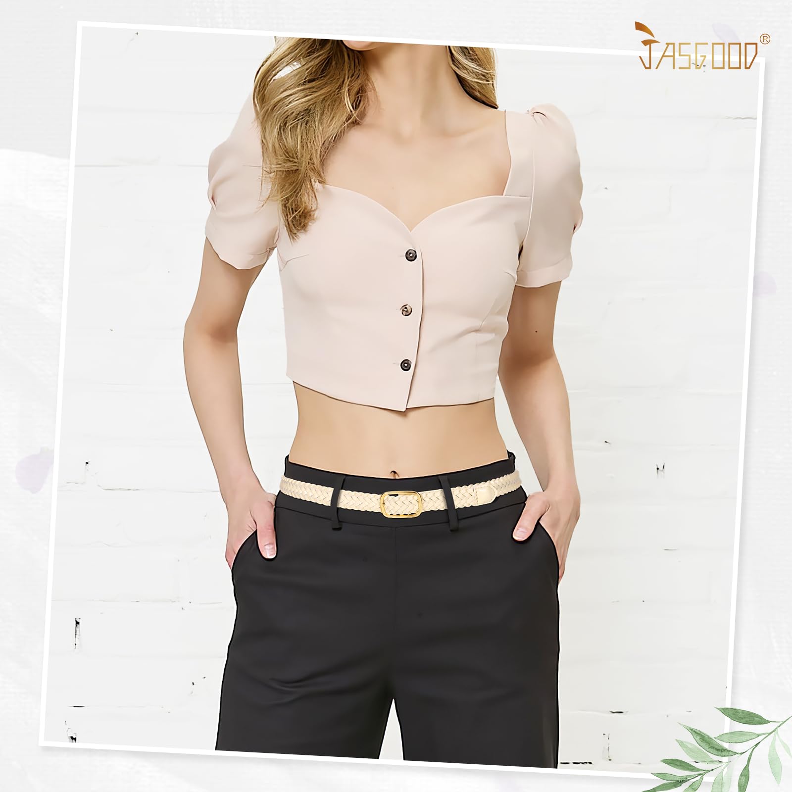 JASGOOD Women's Skinny Leather Braided Belt, Hand-Woven Thin Belt with Gold Buckle for Women for Jeans Pants Dresses