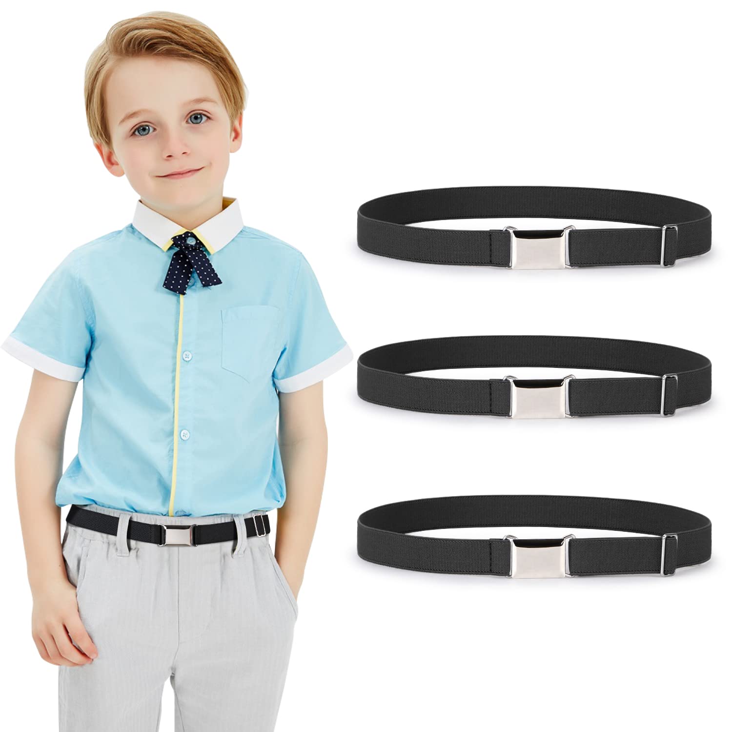 JASGOOD Kids Toddler Belt Elastic Stretch Adjustable Belt for Boys and Girls with Silver Square Buckle 2 Pack