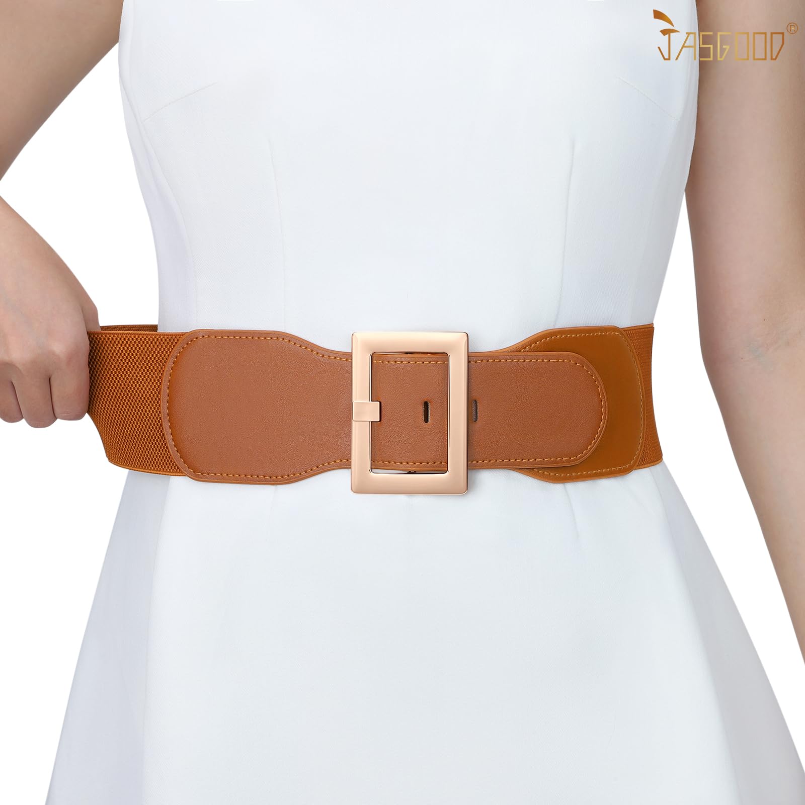 JASGOOD Women Wide Elastic Belt Stretchy Vintage Waist Belts for Dress Santa Belt with Square Buckle