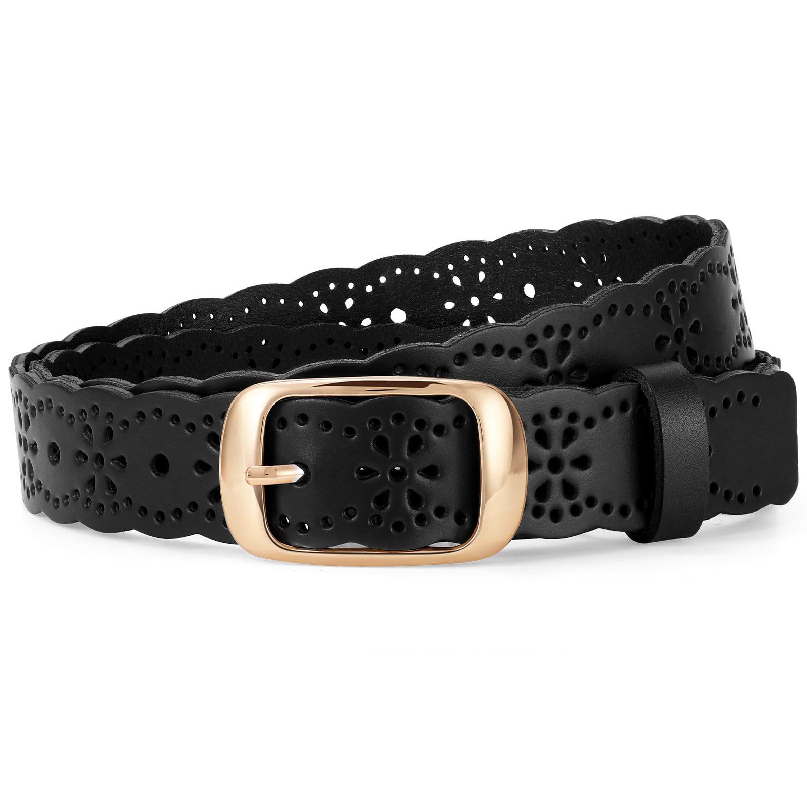 JASGOOD Leather Belt for Women Hollow Flower Leather Belt for Jeans Pants Fashion Waist Belt with Gold Buckle