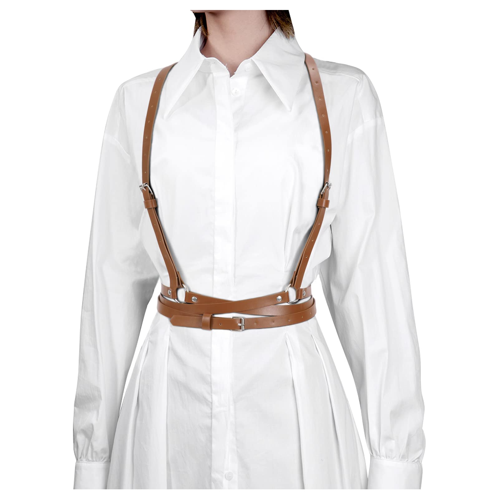 JASGOOD Punk Waist Belt Women PU Leather Skinny Body Adjustable Belts with Gothic Circle for Party