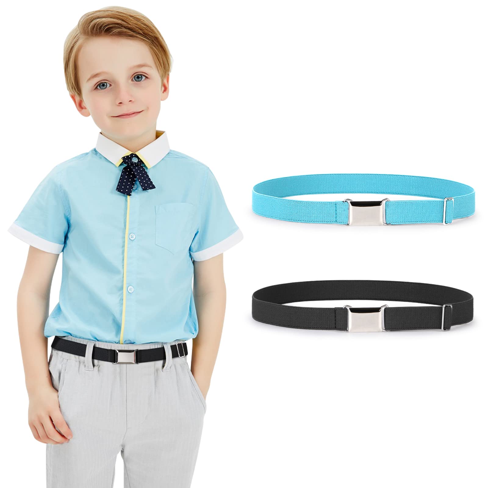 JASGOOD Kids Toddler Belt Elastic Stretch Adjustable Belt for Boys and Girls with Silver Square Buckle 2 Pack