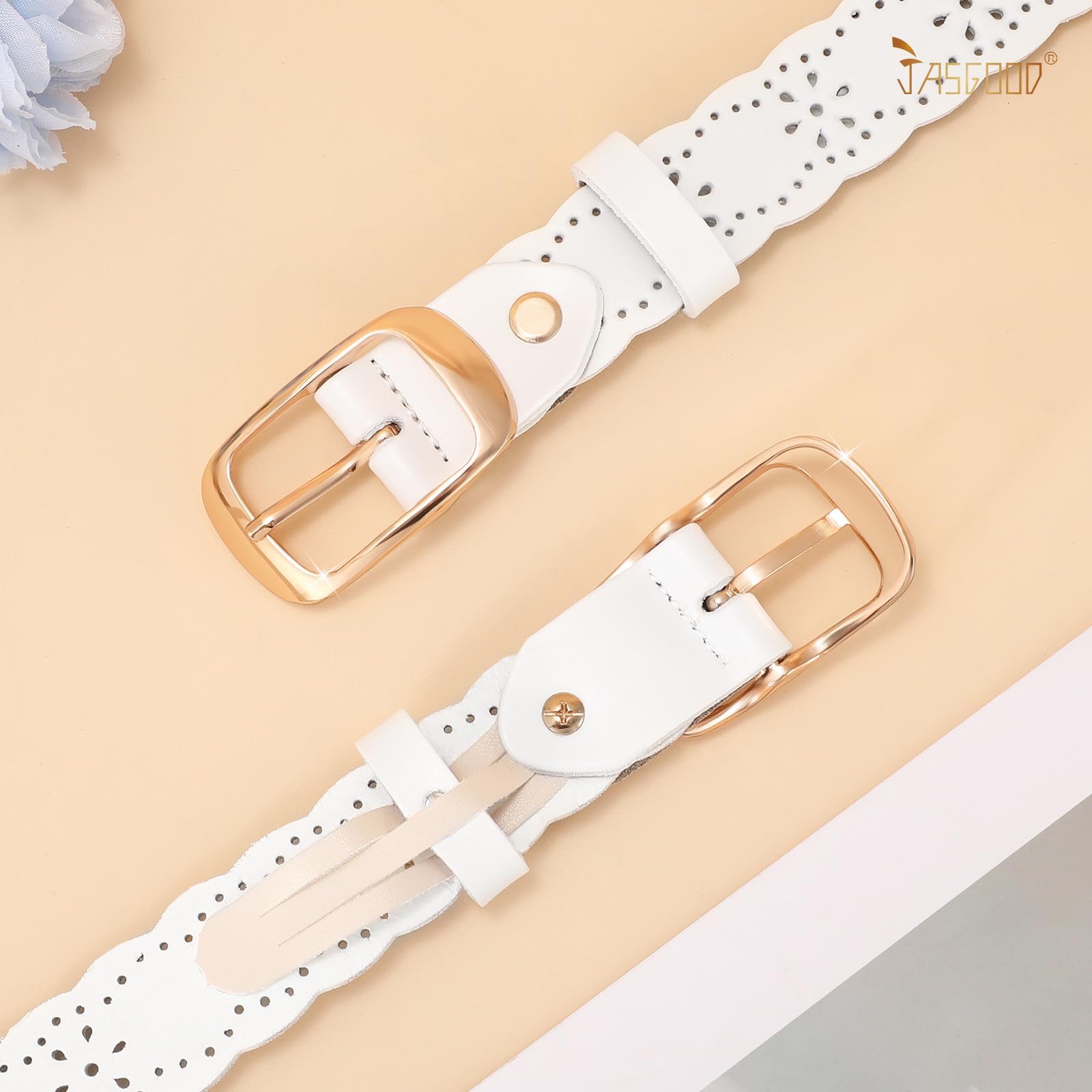 JASGOOD Leather Belt for Women Hollow Flower Leather Belt for Jeans Pants Fashion Waist Belt with Gold Buckle