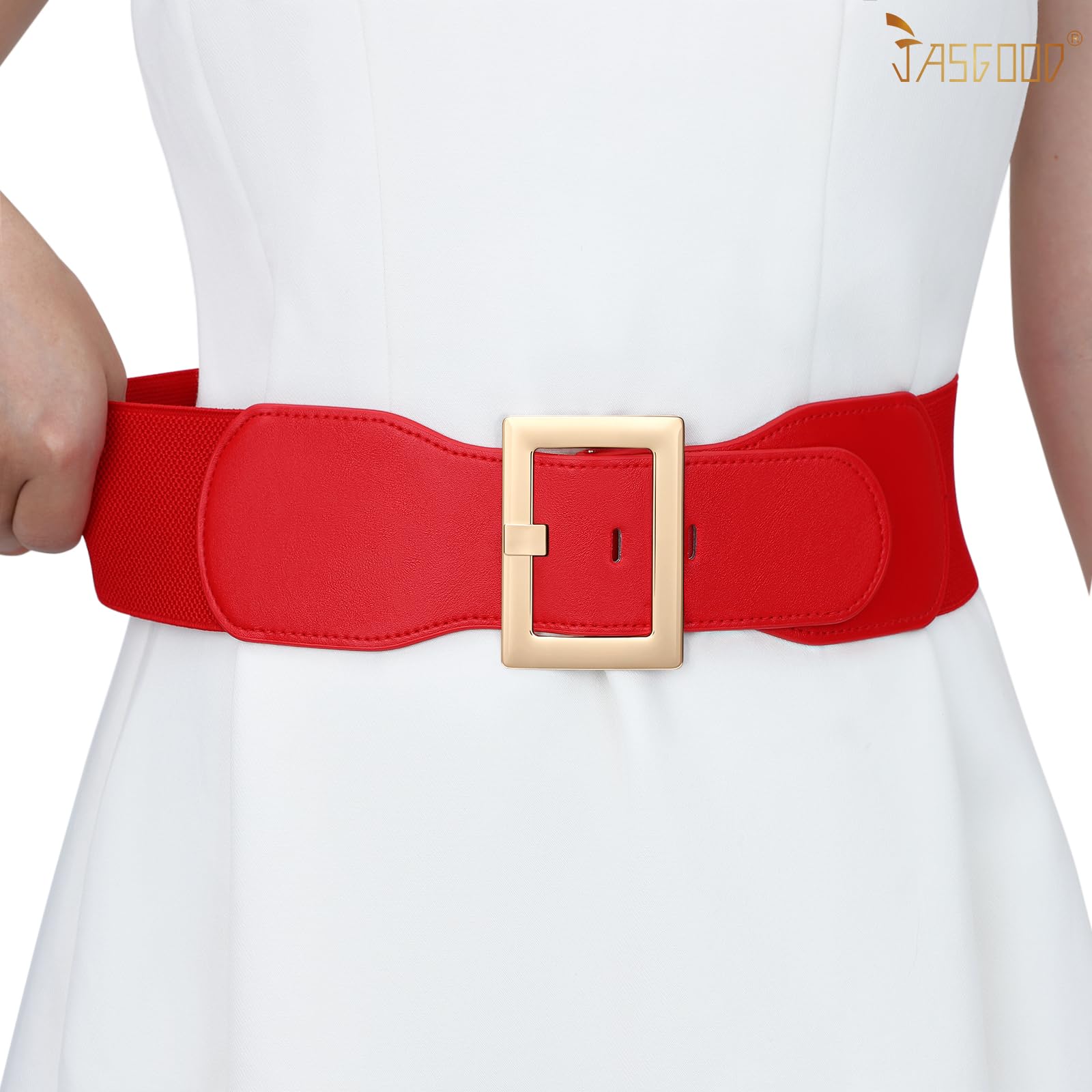 JASGOOD Women Wide Elastic Belt Stretchy Vintage Waist Belts for Dress Santa Belt with Square Buckle