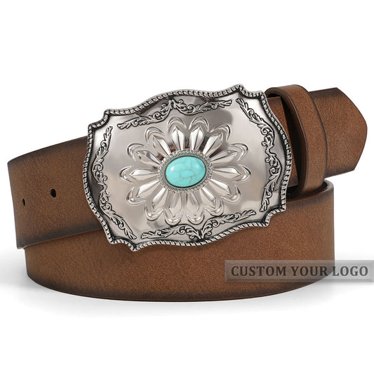 Unisex Western Style Boho Turquoise Faux PU Leather Belt For Cowboy Cowgirl