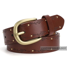 JASGOOD 1 Pack Brown Studded Flower Engrave Faux Leather Gold Buckle Waist Belt For Women