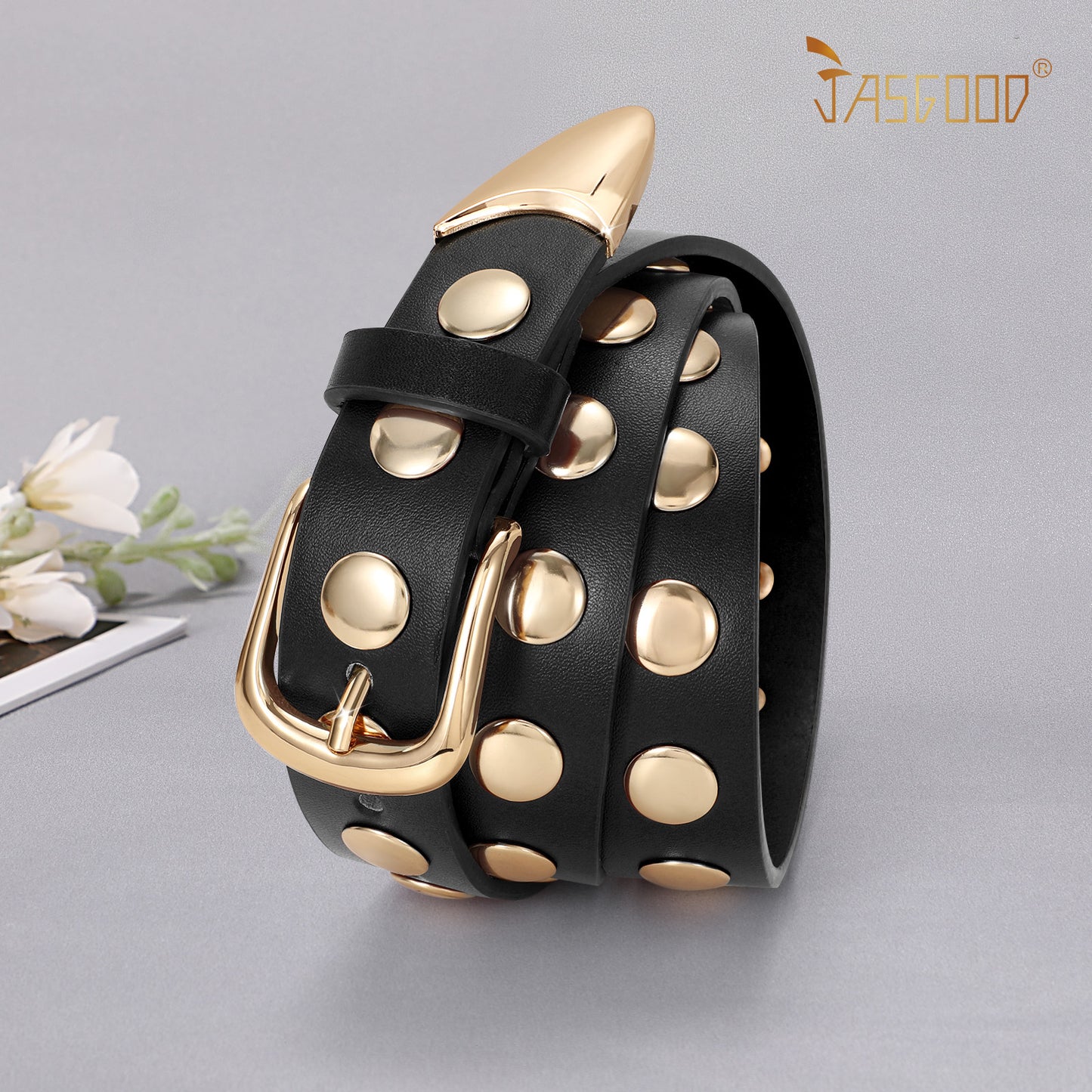 JASGOOD Women Fashion Leather Belt Punk Studded Belt for Jeans Pants Dresses