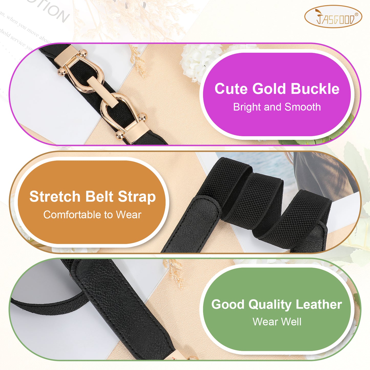 JASGOOD Women Stretchy Waist Belt Retro Elastic Skinny Belt for Ladies with Gold Buckle