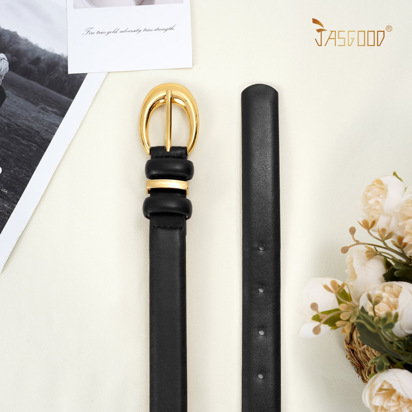 JASGOOD Women Leather Belt for Jeans Pants Fashion Ladies Faux Leather Belt with Gold Buckle