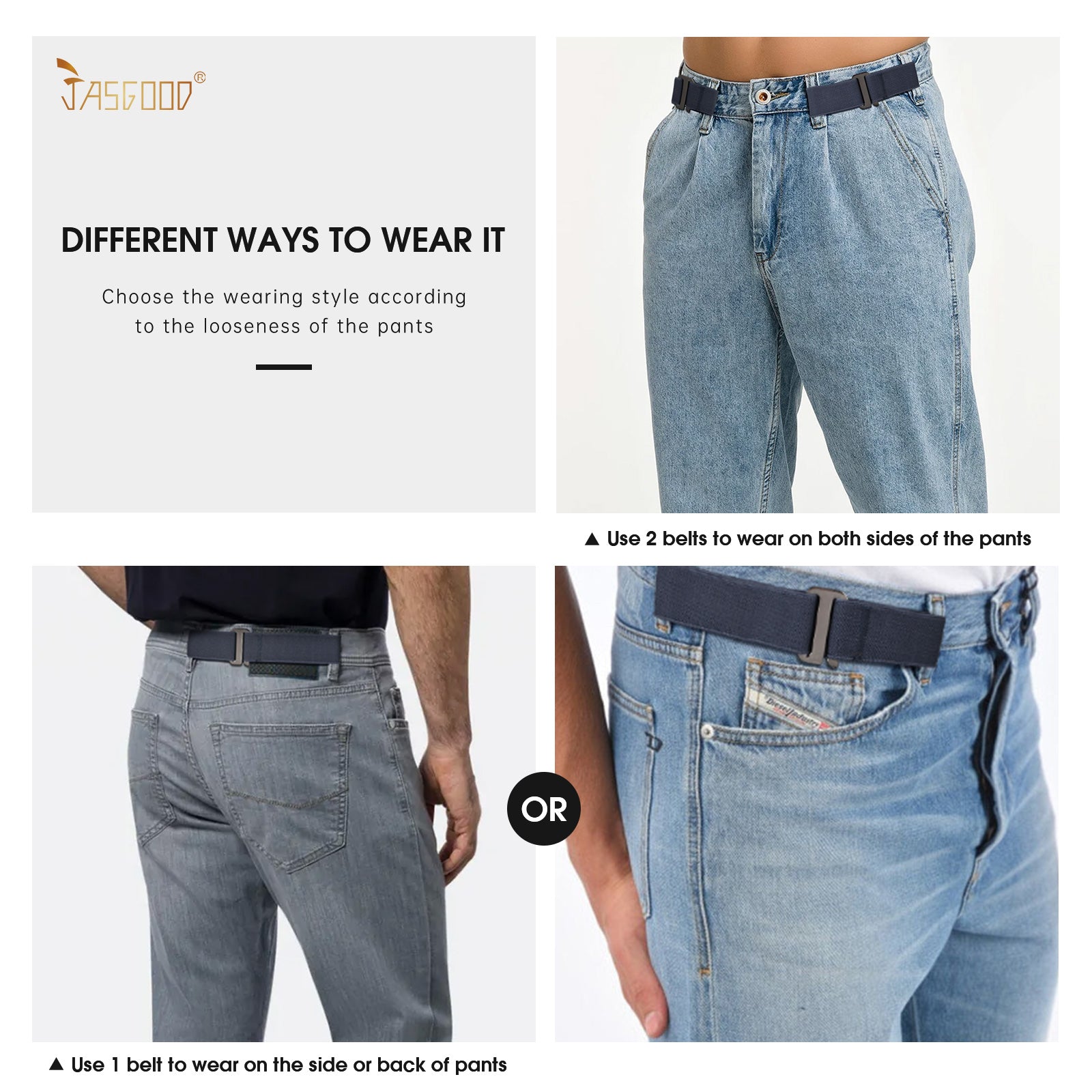 JASGOOD No Show Elastic 2 Loops Belt for Men,No Buckle Stretch Side Belt Pant Waist Tightener for Jeans - JASGOOD OFFICIAL