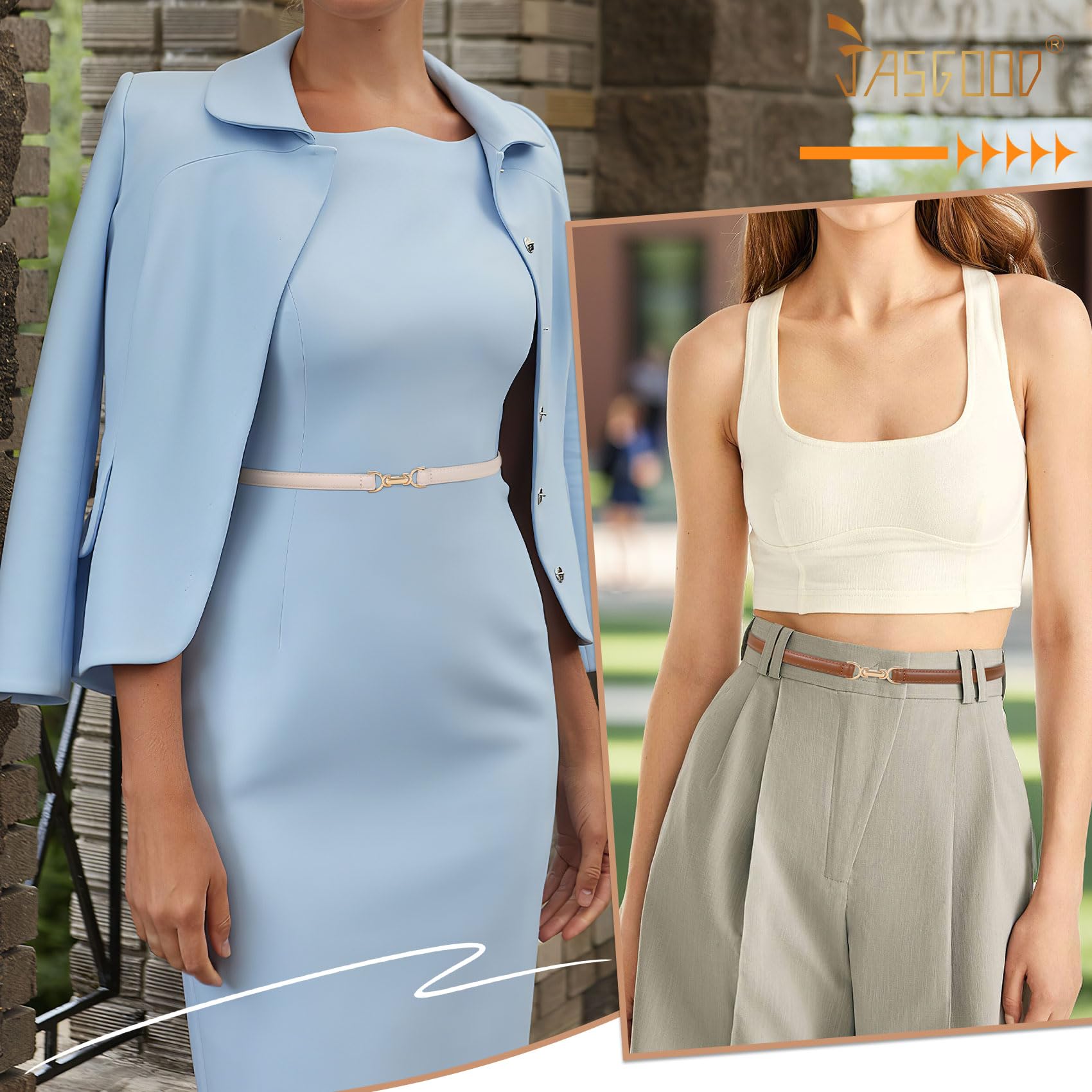 JASGOOD 2 Pack Women Skinny Faux Leather Belts Thin Waist Belts With Adjustable Gold Buckle for Dresses Jeans