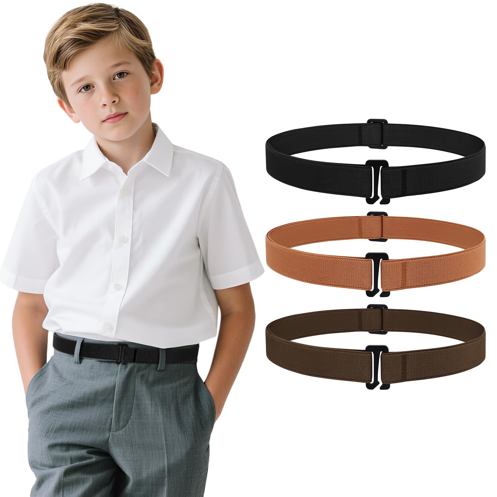 JASGOOD 3 Pack Kids No Show Stretch Belt for Boys Girls Jeans invisible Nickel Free Elastic Belt with Flat Buckle