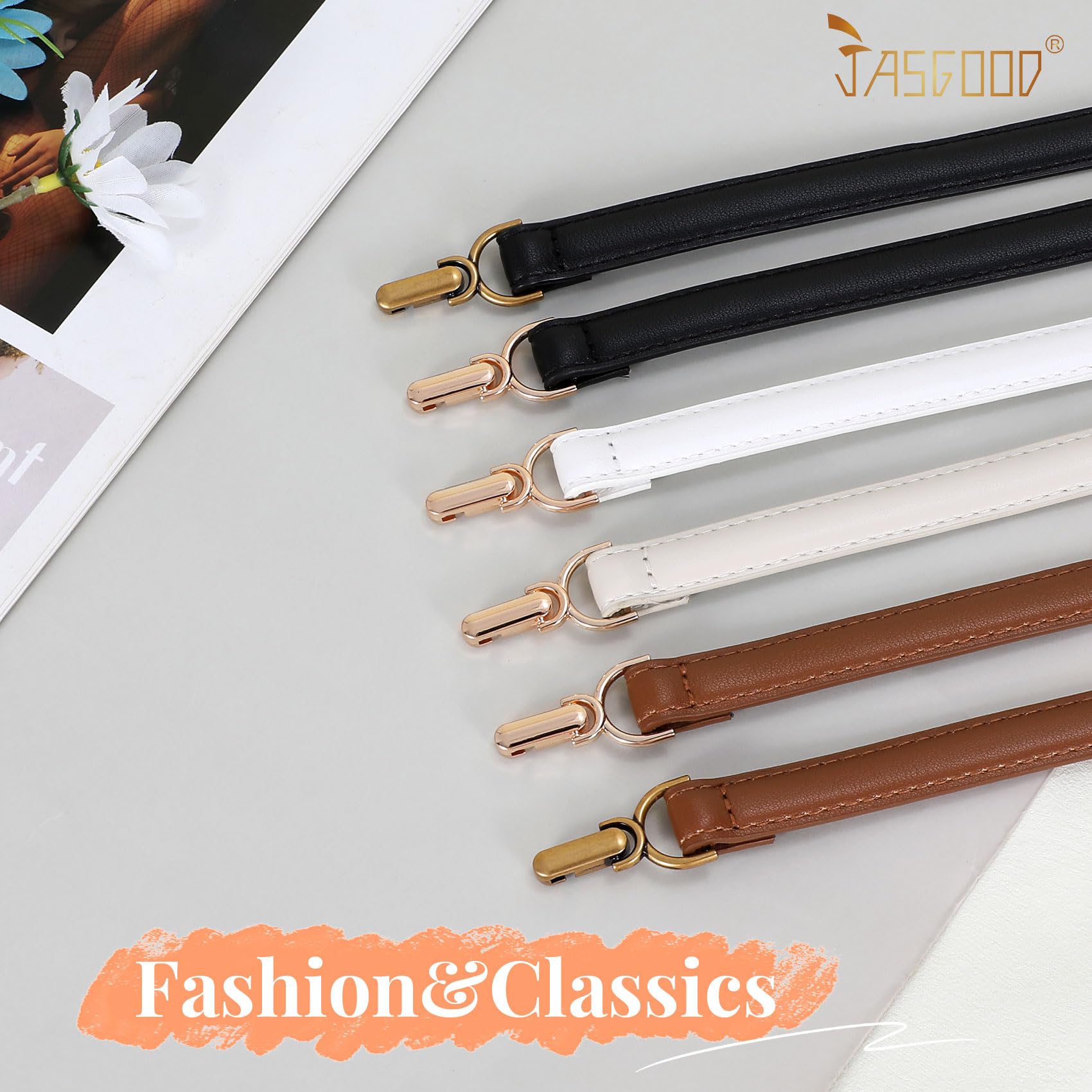 JASGOOD 2 Pack Women Skinny Faux Leather Belts Thin Waist Belts With Adjustable Gold Buckle for Dresses Jeans