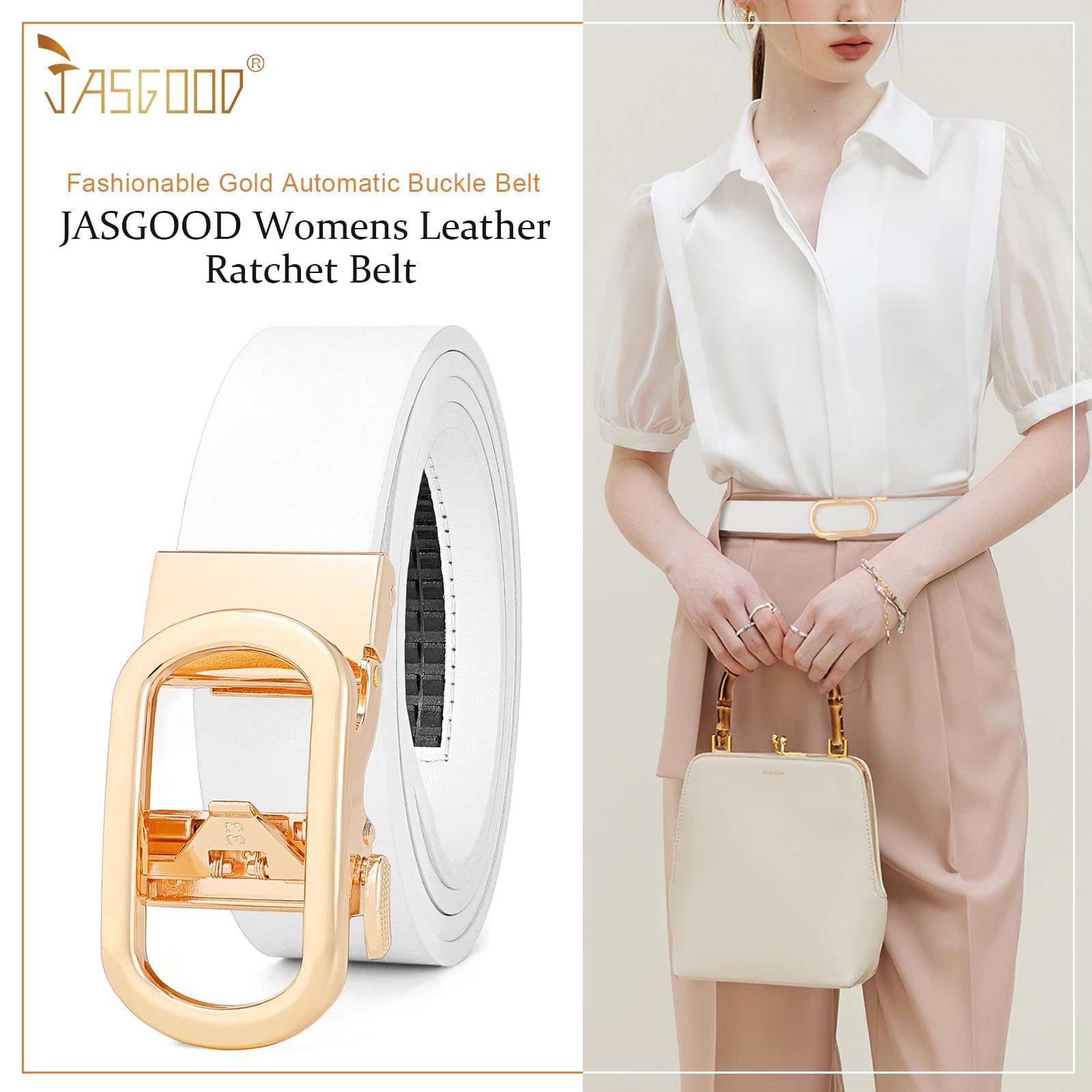 JASGOOD Women Leather Ratchet Belt for Jeans Pants Dresses Adjustable Belt with Automatic Sliding Buckle, Width 1.2" - JASGOOD OFFICIAL