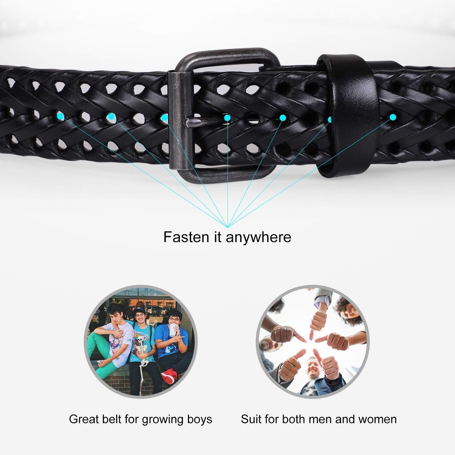 JASGOOD Men’s Leather Braided Belt, Leather Woven Belt for Jeans 1.3 Inch Wide with Prong Buckle