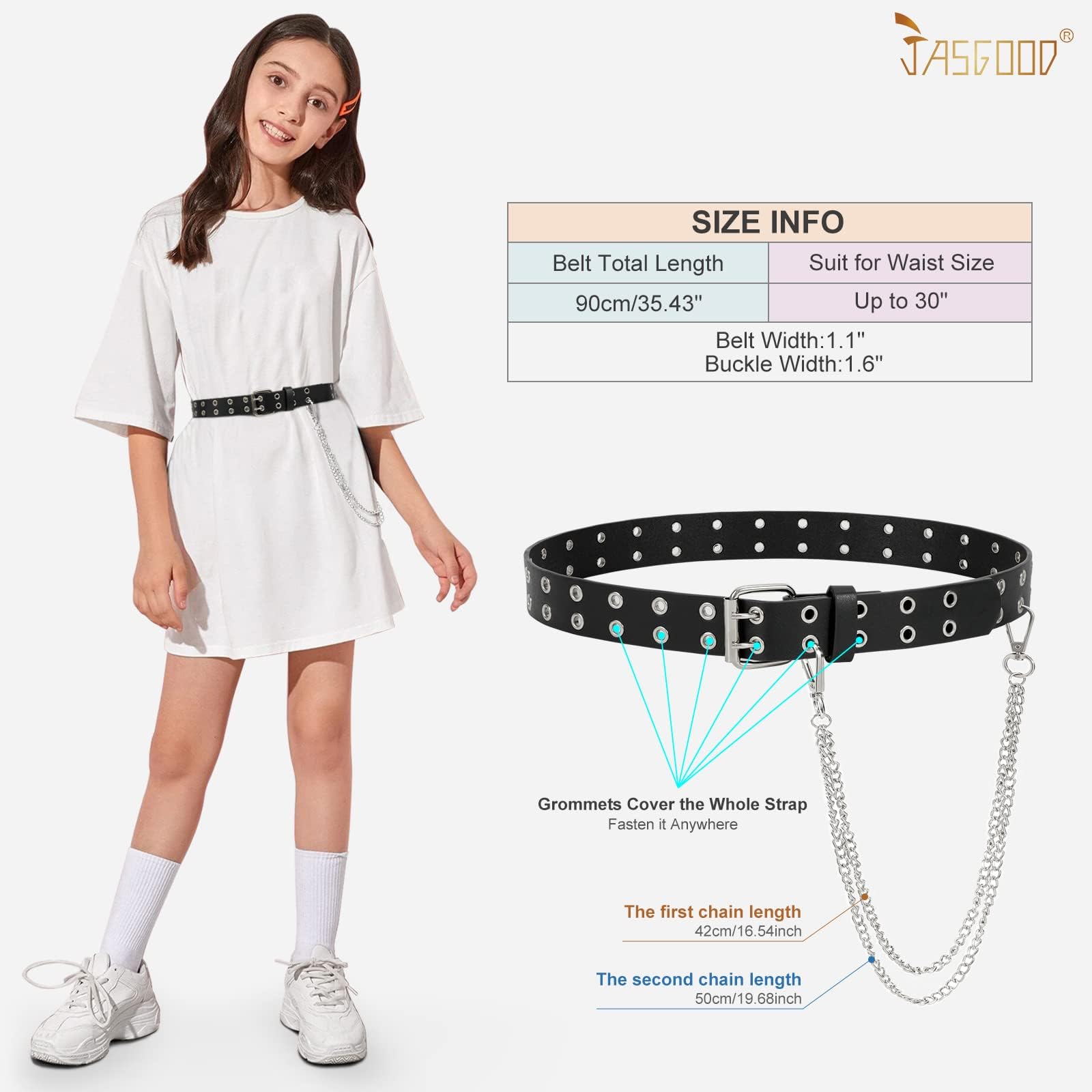 JASGOOD 2 Pack Kids Double Grommet Belt for Girls and Boys, PU Leather Kids Double Studded Holes Belt for Jeans Pants