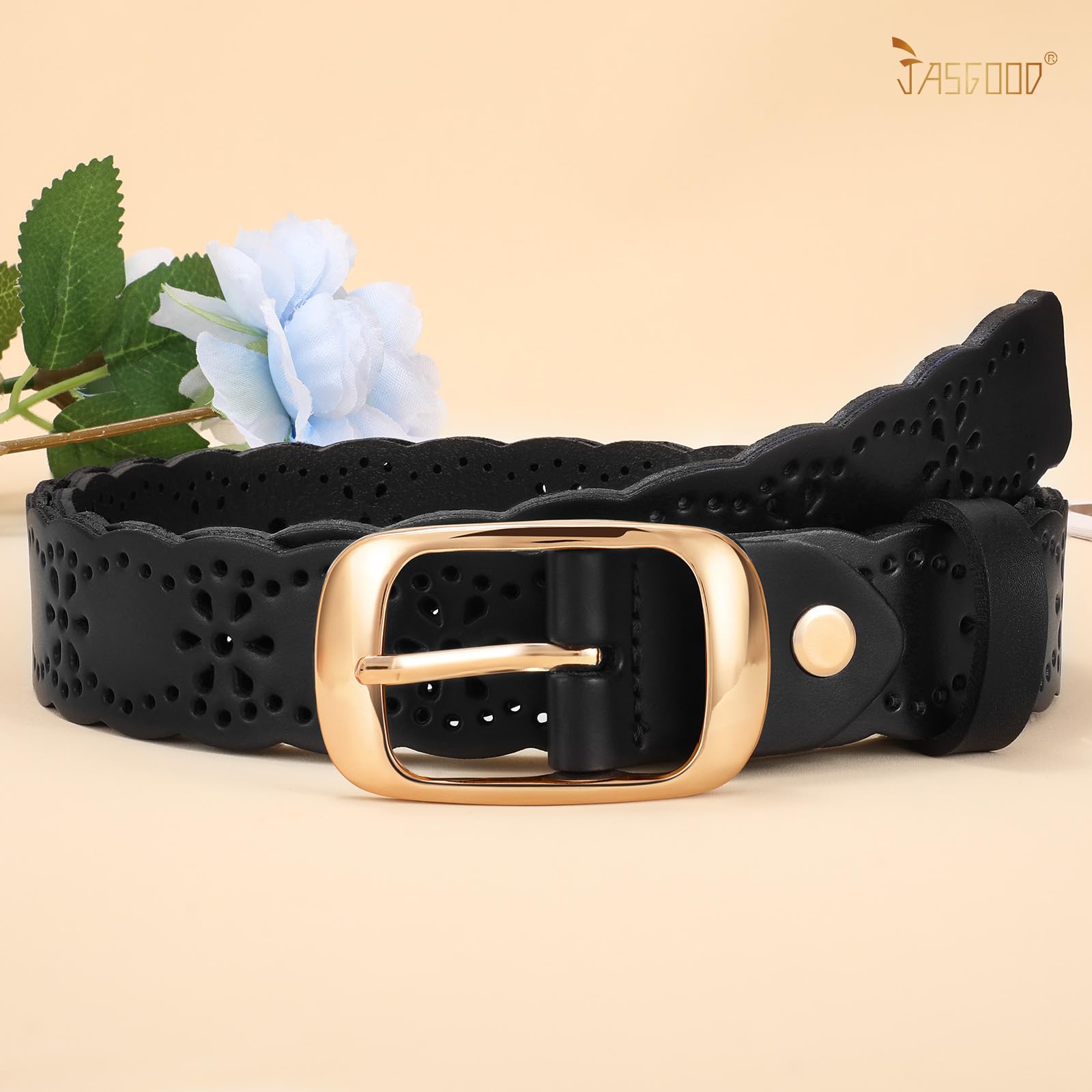 JASGOOD Leather Belt for Women Hollow Flower Leather Belt for Jeans Pants Fashion Waist Belt with Gold Buckle