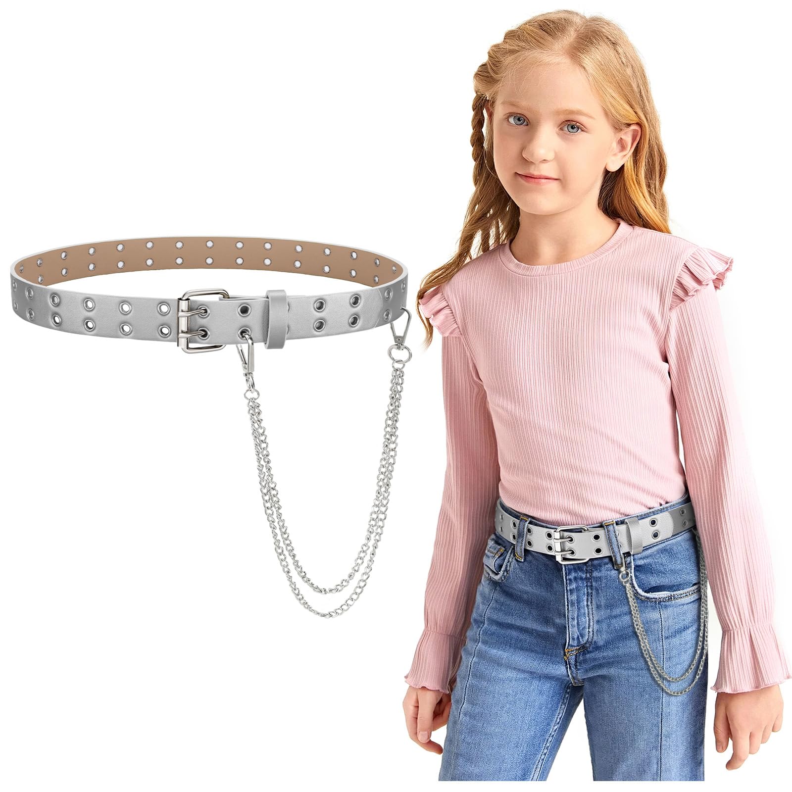 JASGOOD Kids Double Grommet Belt for Girls and Boys, PU Leather Kids Double Studded Holes Belt for Jeans Pants - JASGOOD OFFICIAL