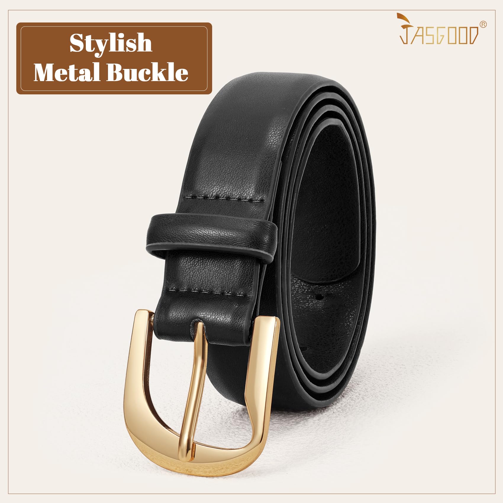 JASGOOD Women Leather Belts Plus Size Faux Leather Belt for Jeans Pants Fashion Ladies Waist Belt with Gold Buckle