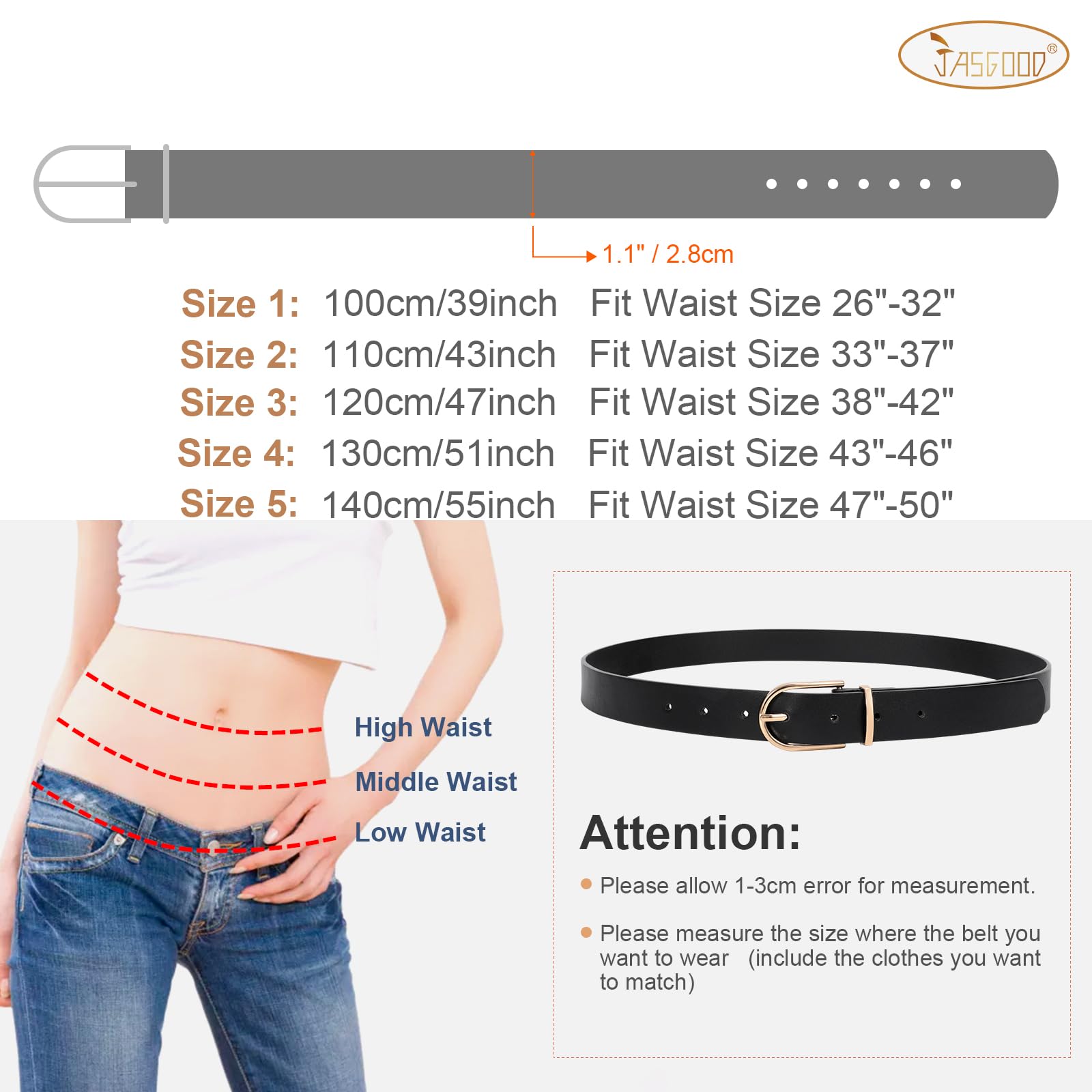 JASGOOD Women’s Leather Belts for Jeans Pants Fashion Ladies Belt with Gold Buckle - JASGOOD OFFICIAL