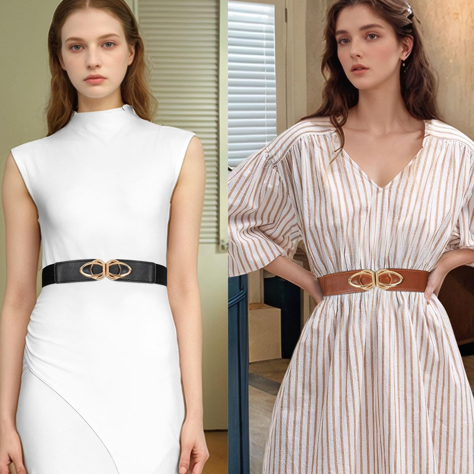 WERFORU Women Thin Elastic Belts,Skinny Stretch Vintage Fashion Waistband for Dress with Gold Buckle 4 Pack