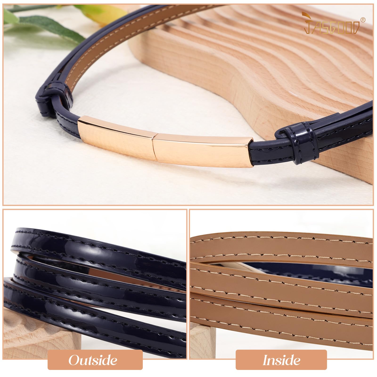 JASGOOD Women's Skinny Leather Belt Patent Ladies Thin Waist Belt for Dress with Metal Buckle