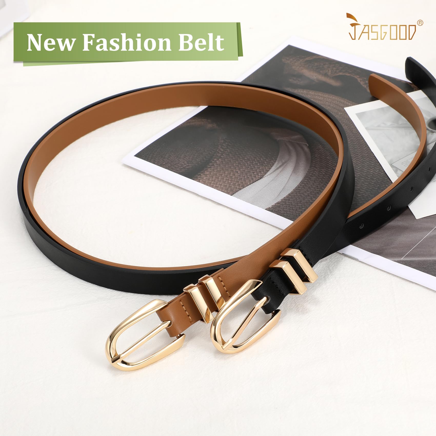 JASGOOD 2 Pack Women Skinny PU Leather Belt Ladies Thin Leather Plus Size Waist Belt for Jeans Dress with Gold Buckle