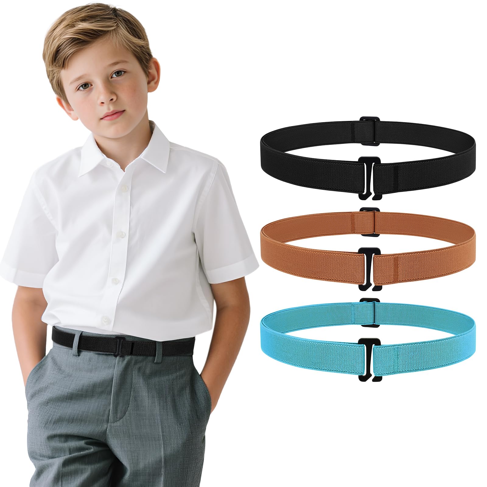 JASGOOD 3 Pack Kids No Show Stretch Belt for Boys Girls Jeans invisible Nickel Free Elastic Belt with Flat Buckle