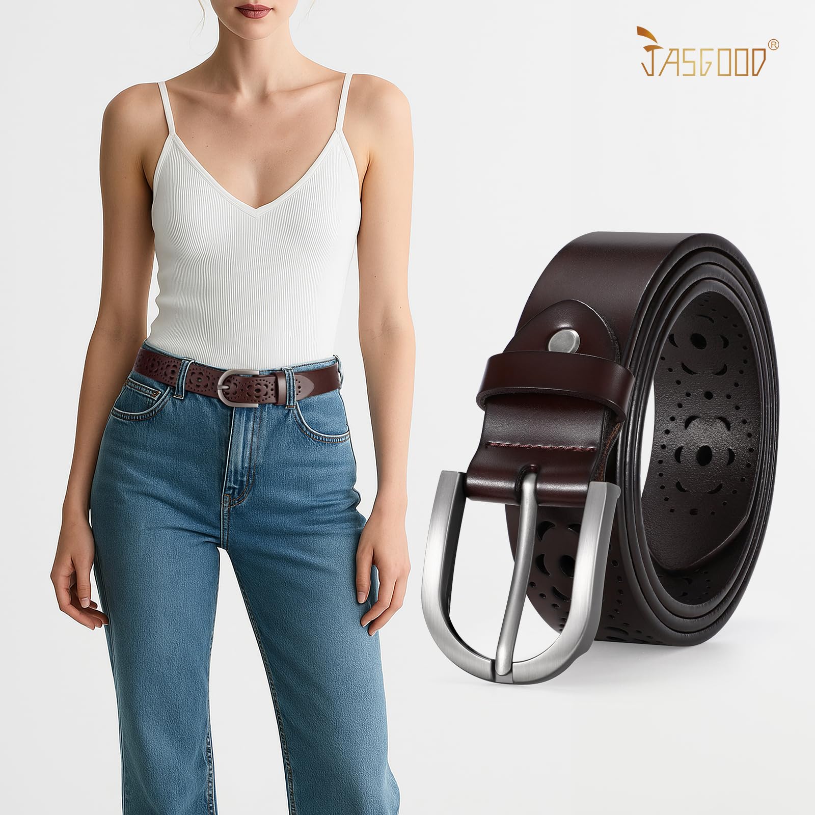 JASGOOD Hollow Genuine Leather Belt for Women Ladies Belt for Jeans Pants Casual Waist Belt - JASGOOD OFFICIAL