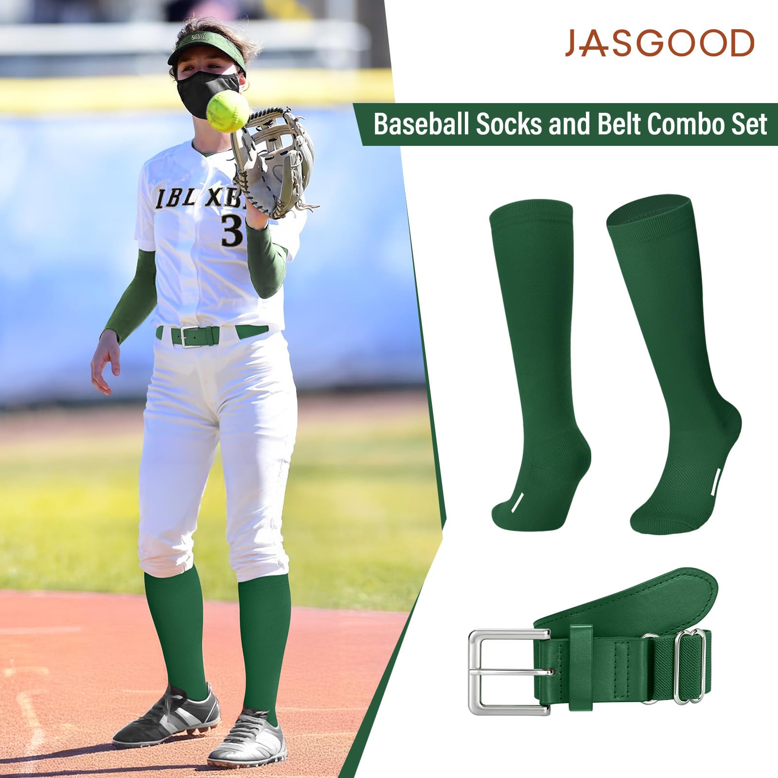 JASGOOD Baseball Softball Socks and Belt Combo Set Breathable Soccer Football Socks for Adult and Youth