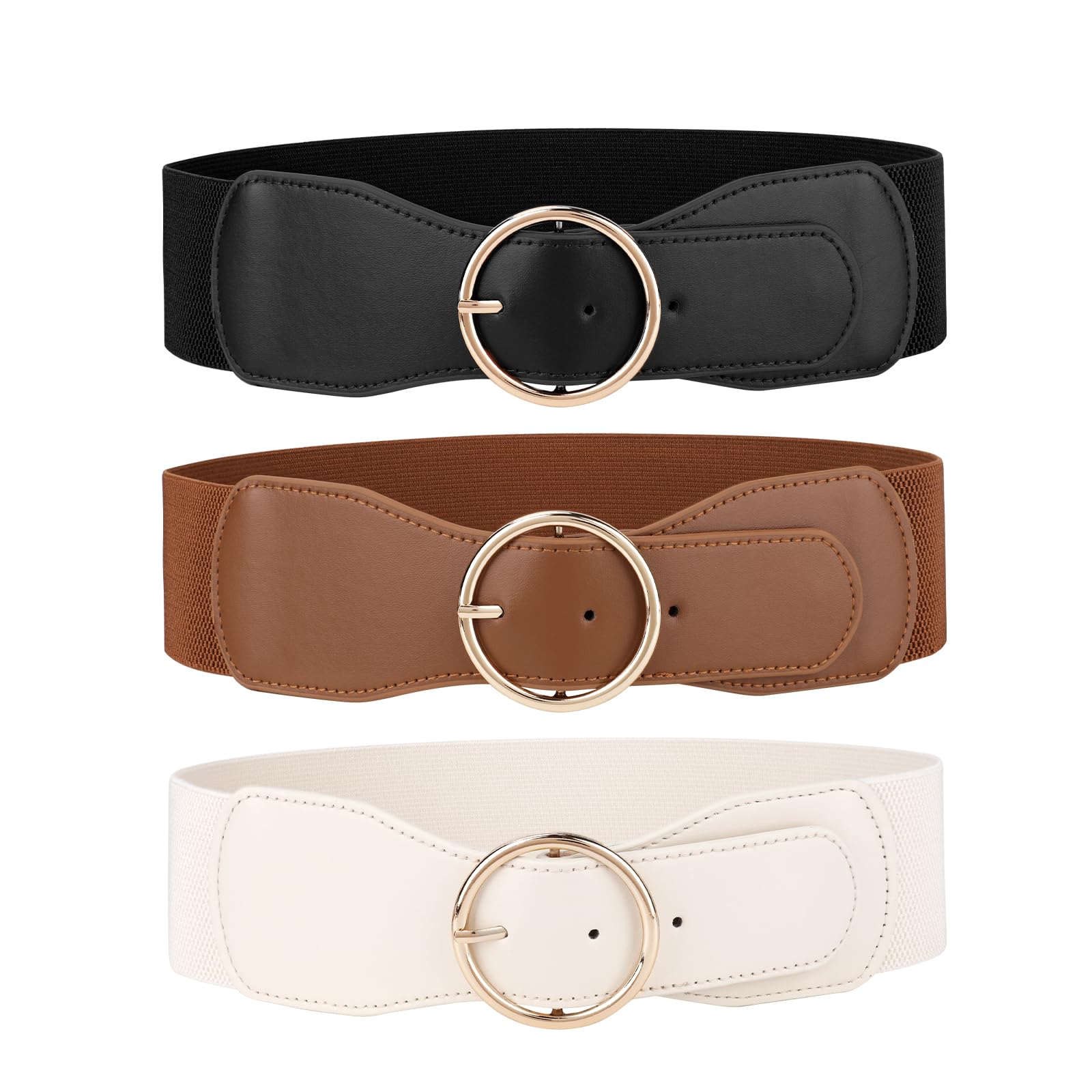 JASGOOD 3 Pack Women Wide Elastic Waist Belt for Dress Ladies Stretch Belt with Gold Round Buckle - JASGOOD OFFICIAL