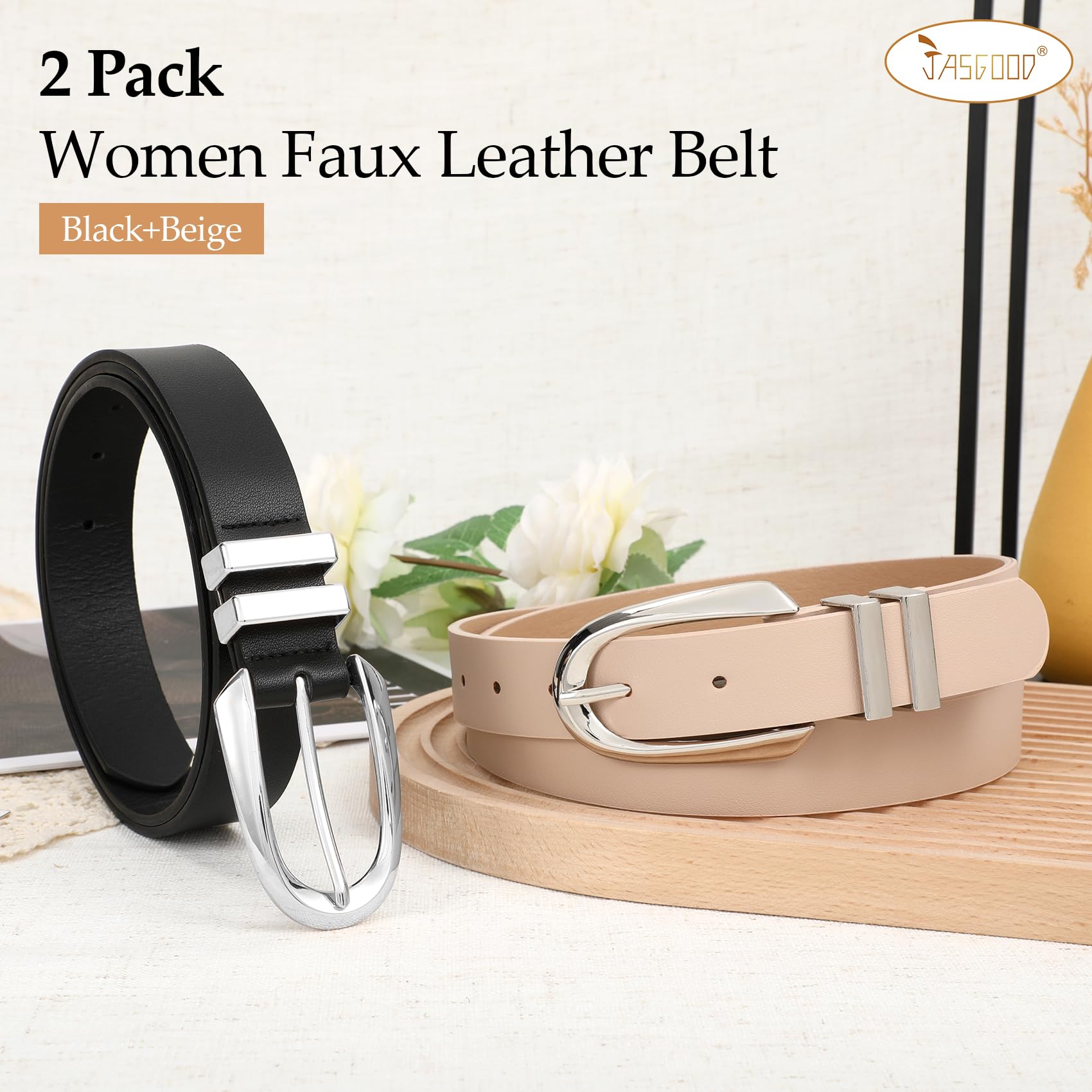 JASGOOD Women Leather Belt Fashion Waist Belt for Pants Jean Ladies Faux Leather Dress belt with Gold/Silver Buckle 2 Pack