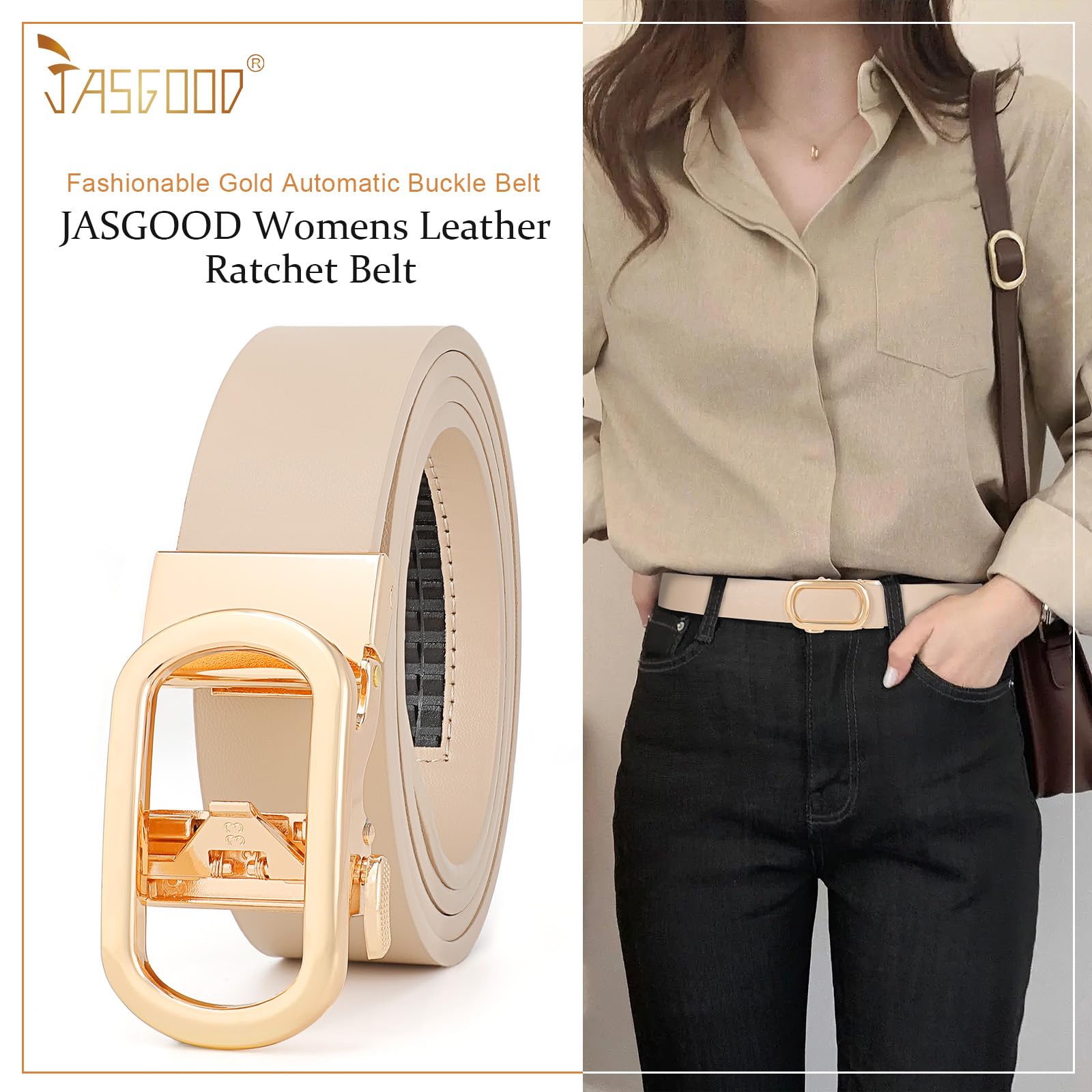 JASGOOD Women Leather Ratchet Belt for Jeans Pants Dresses Adjustable Belt with Automatic Sliding Buckle, Width 1.2" - JASGOOD OFFICIAL