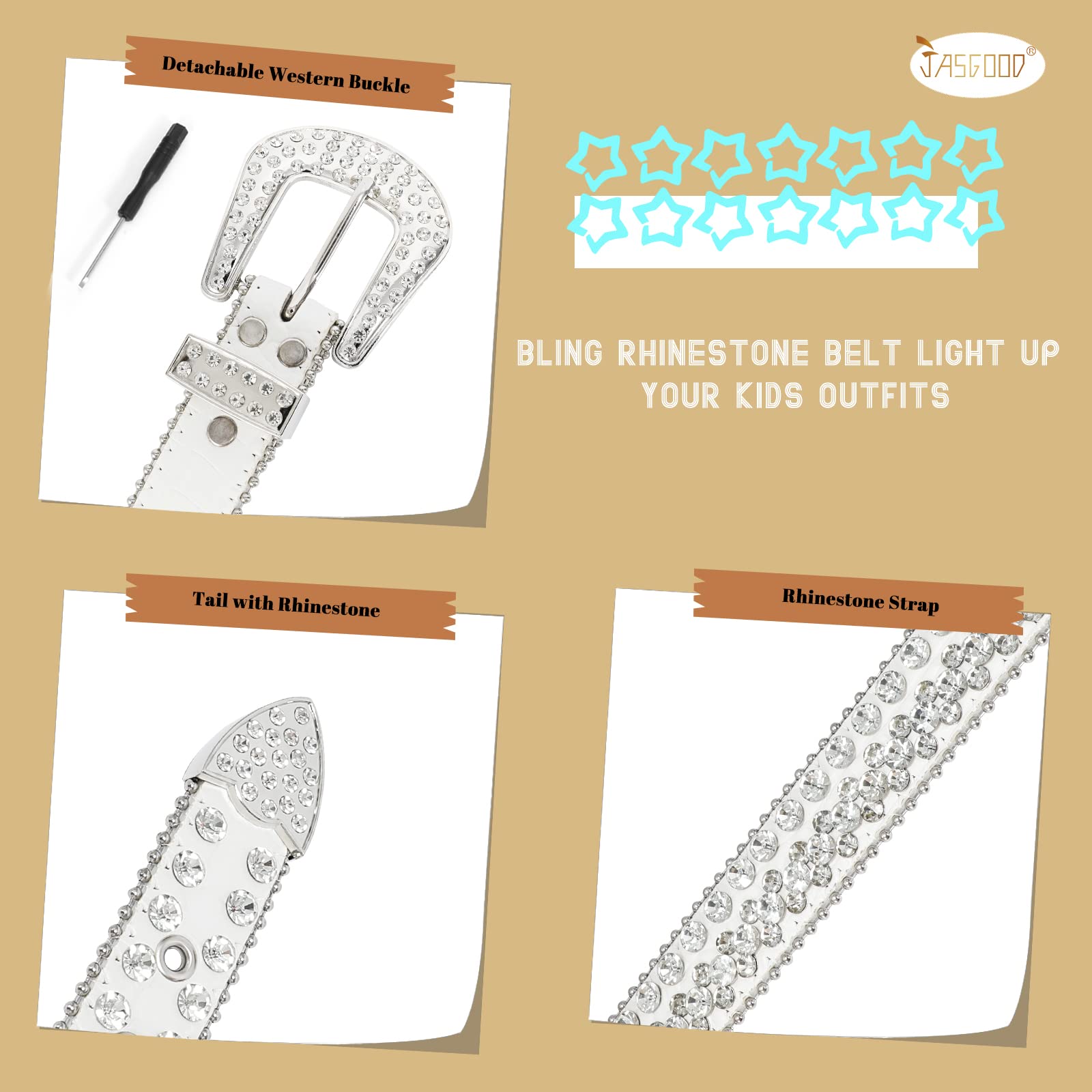JASGOOD Kids Rhinestone Belt for Girls and Boys,Western Cowgirl Cowboy Bling Studded Leather Belt for Jeans Dress