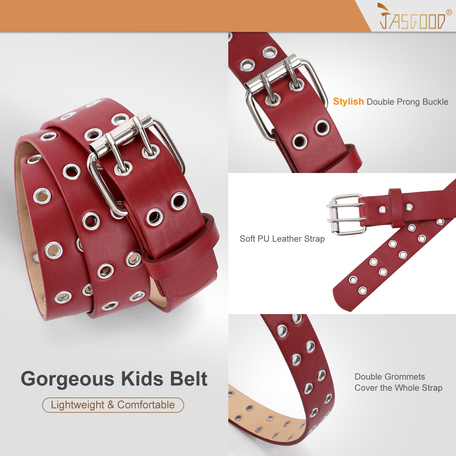 JASGOOD 2 Pack Kids Double Grommet Belt for Girls and Boys, PU Leather Kids Double Studded Holes Belt for Jeans Pants
