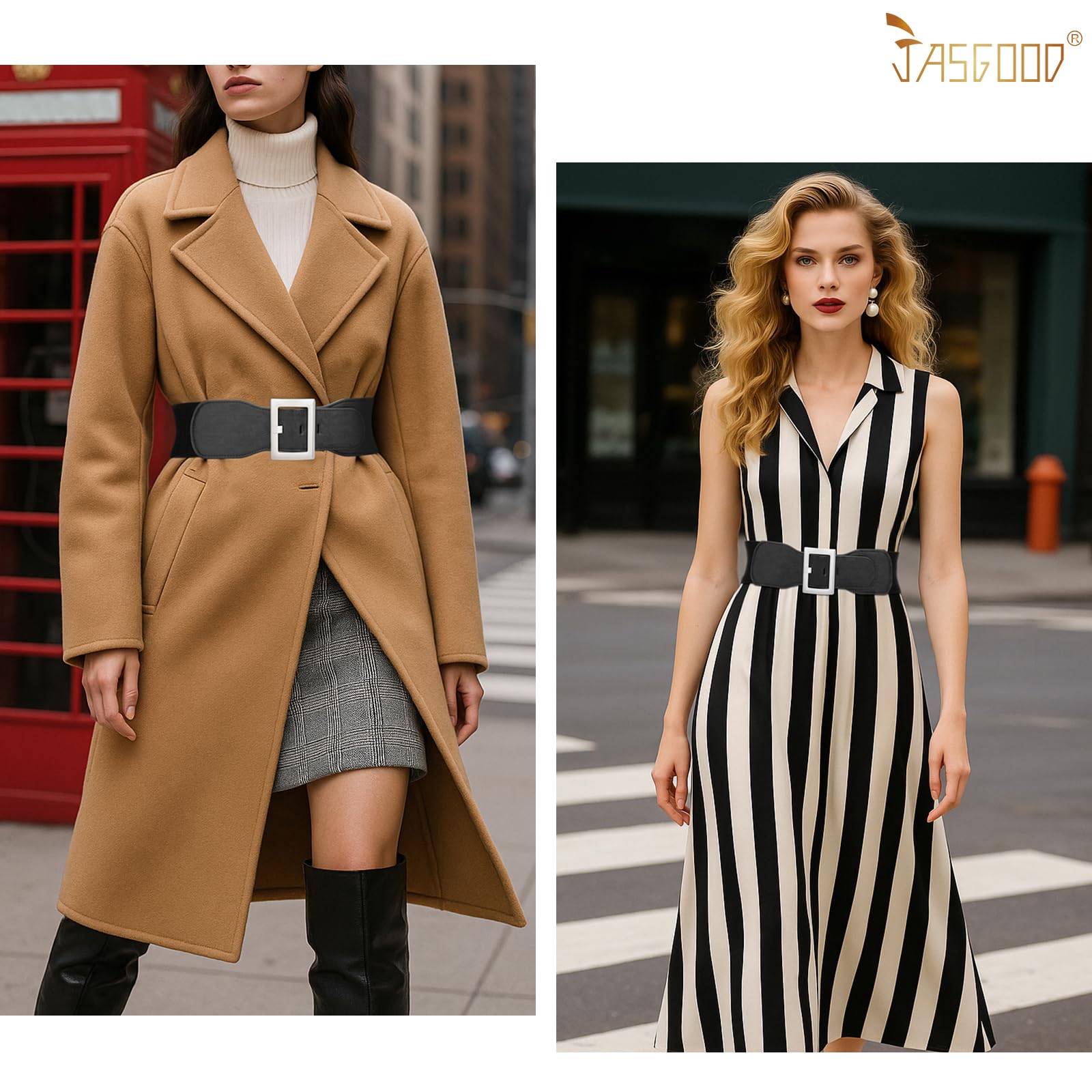 JASGOOD Women Wide Elastic Belt Stretchy Vintage Waist Belts for Dress Santa Belt with Square Buckle