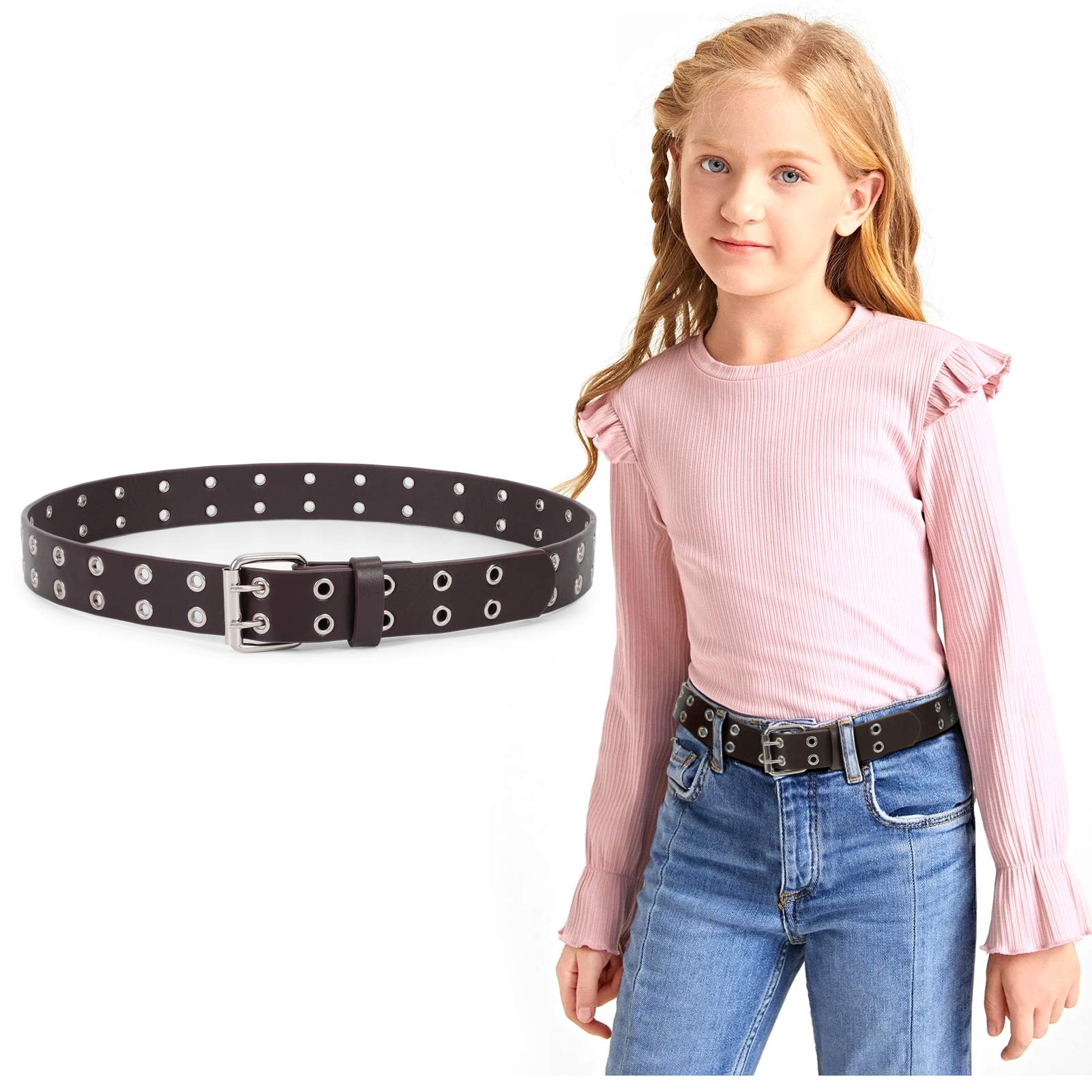 JASGOOD Kids Double Grommet Belt for Girls and Boys, PU Leather Kids Double Studded Holes Belt for Jeans Pants - JASGOOD OFFICIAL