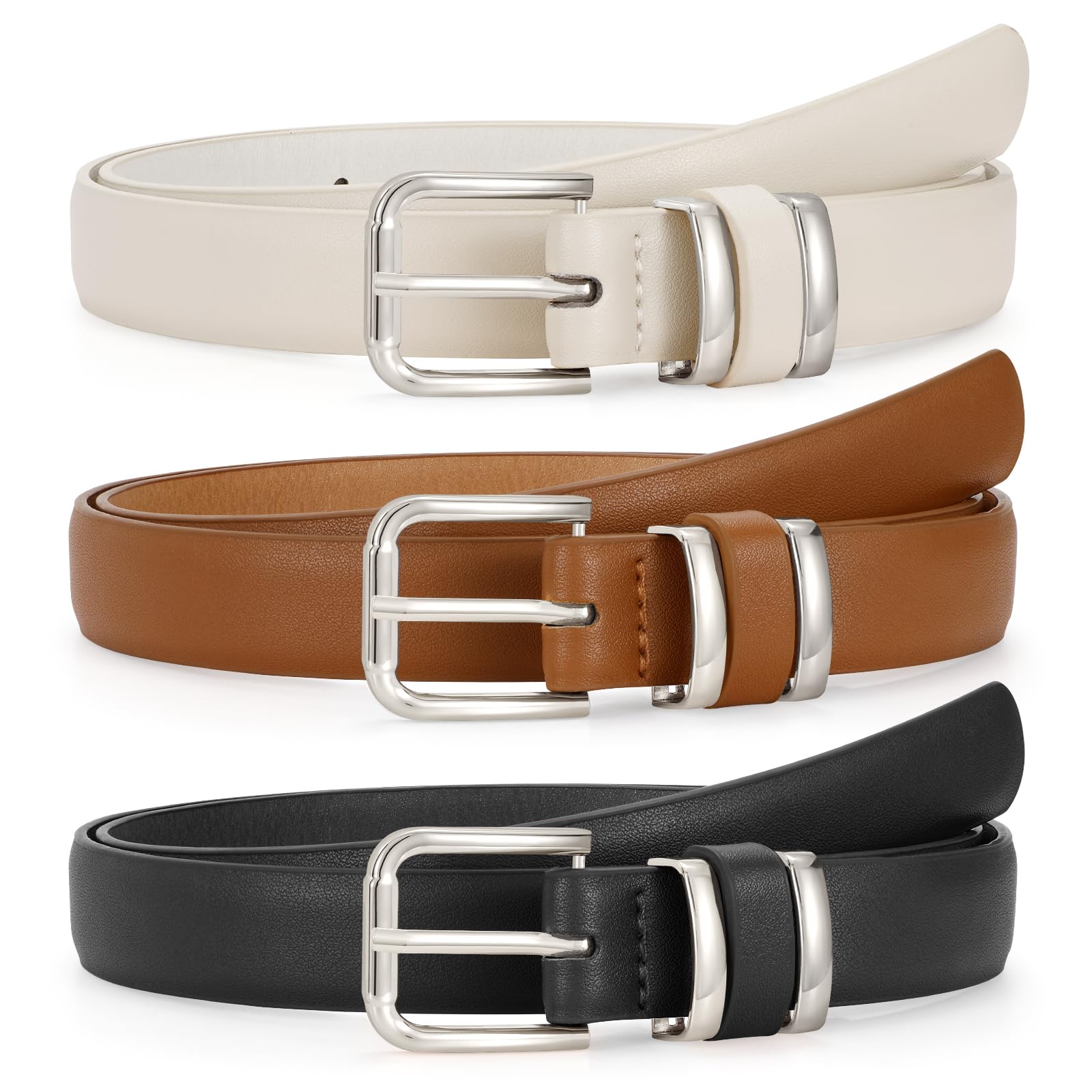 JASGOOD 3 Pack Women's Leather Belts for Jeans Dress Pants Trendy Belts with Gold Buckle