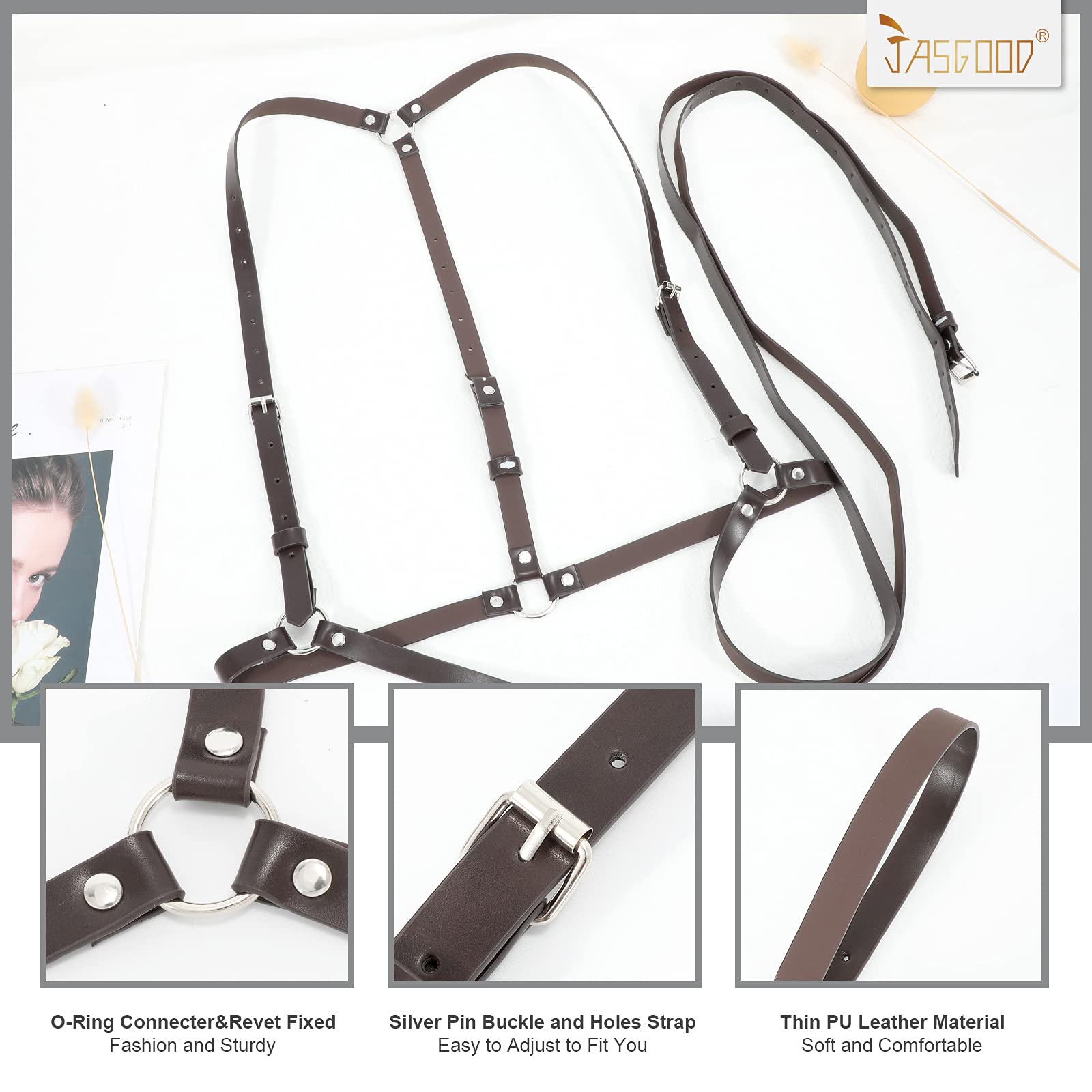 JASGOOD Punk Waist Belt Women PU Leather Skinny Body Adjustable Belts with Gothic Circle for Party