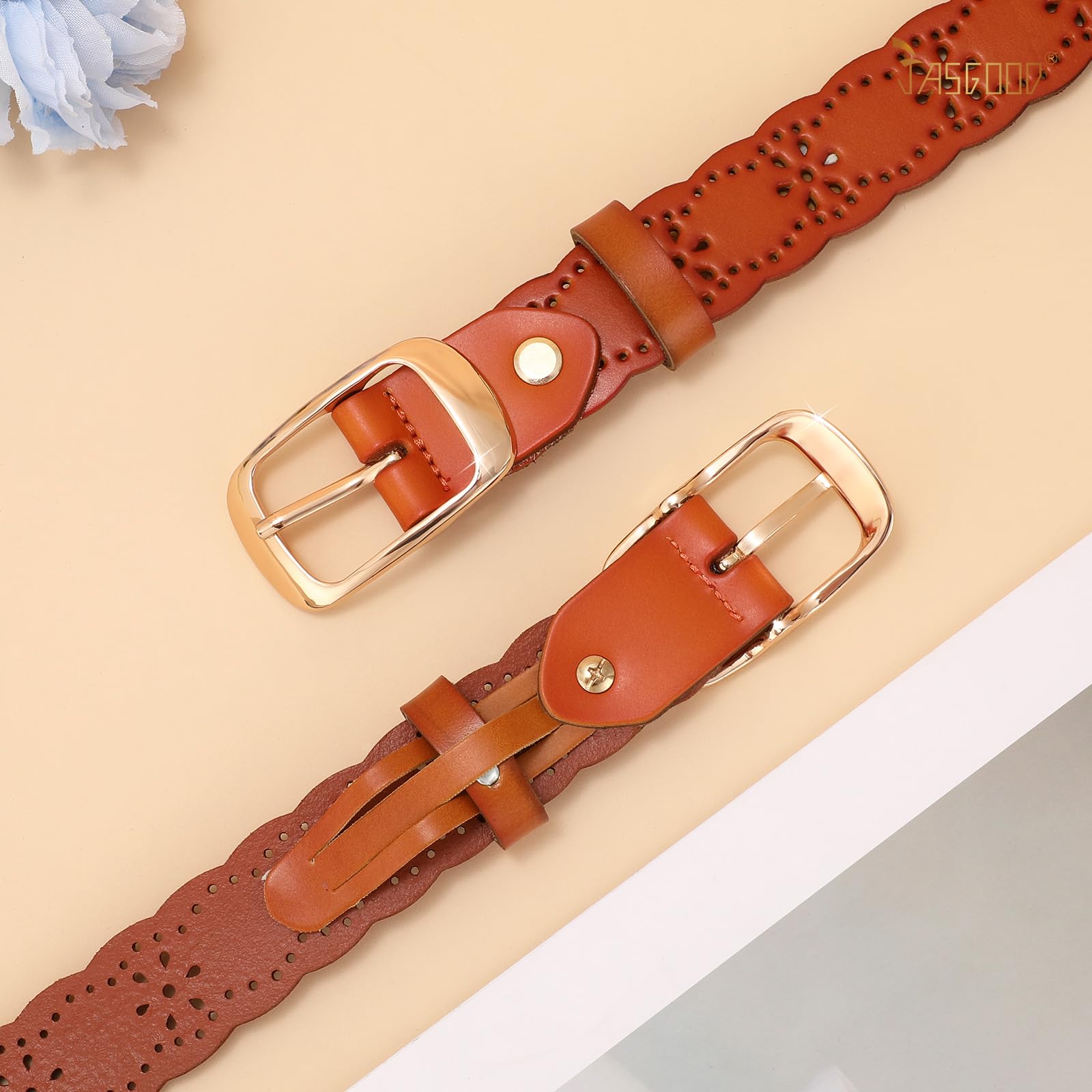 JASGOOD Leather Belt for Women Hollow Flower Leather Belt for Jeans Pants Fashion Waist Belt with Gold Buckle