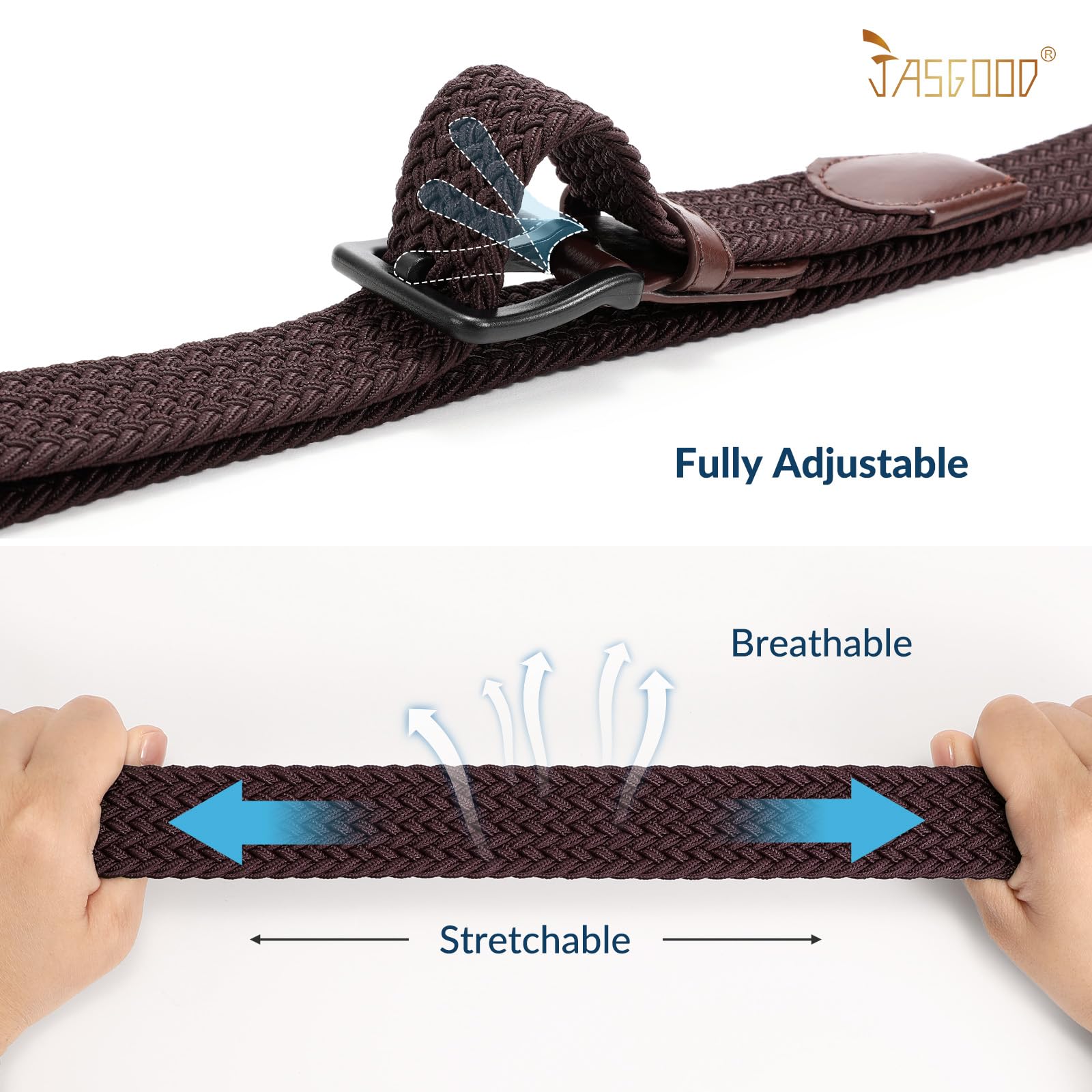 JASGOOD Elastic Braided Belt Men Stretch Golf Woven Casual Jeans Pants Canvas Fabric Tsa Approved Metal Free Belt