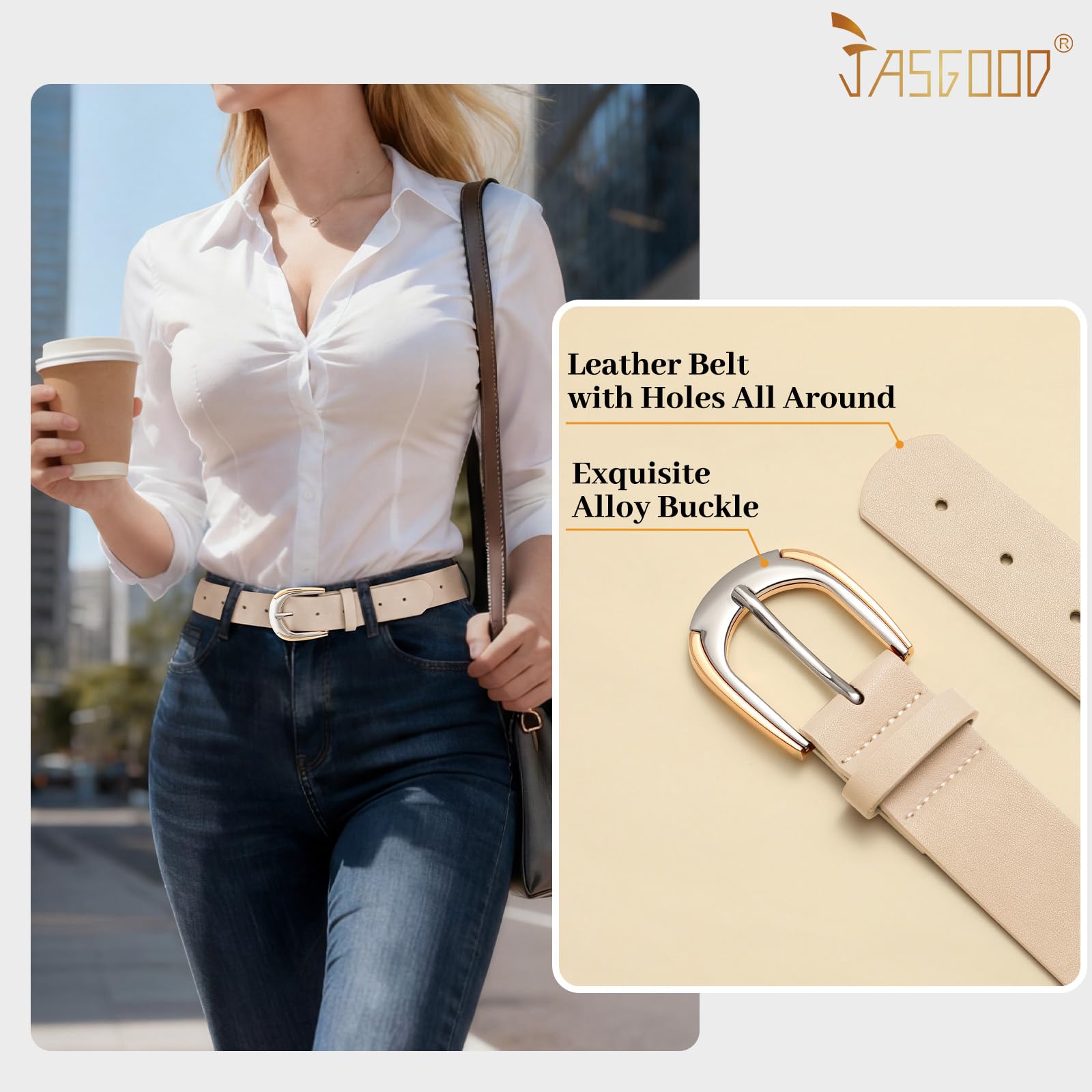 JASGOOD Leather Belts for Women Ladies Casual Belt for Jeans Pants Dresses with Gold and Silver Buckle